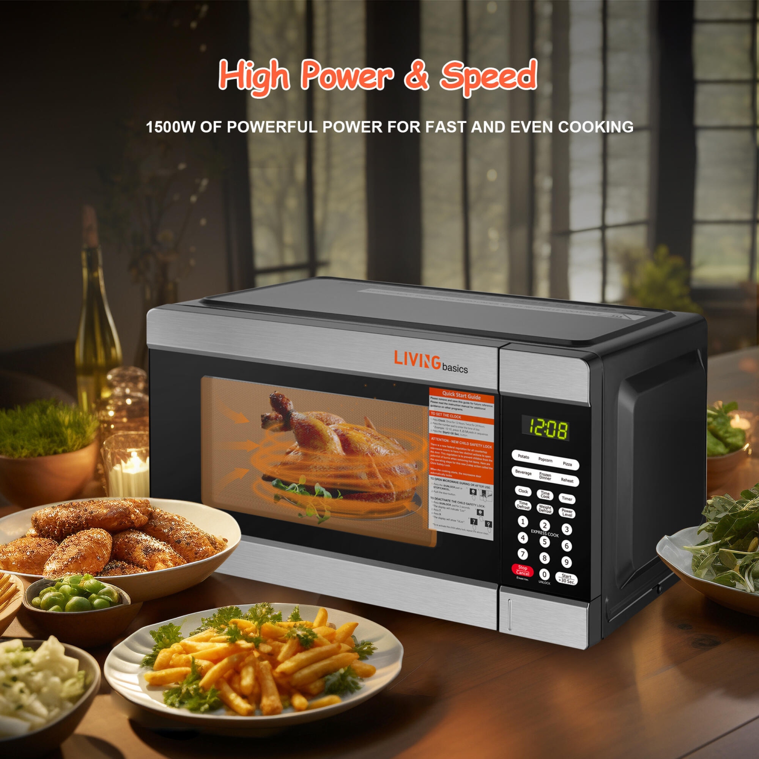 Four à micro-ondes de comptoir de 1,1 pi3 de LIVINGBasics, 1000&nbsp;W, technologie Inverter intégrée avec éclairage DEL, verrou de sécurité, plateau