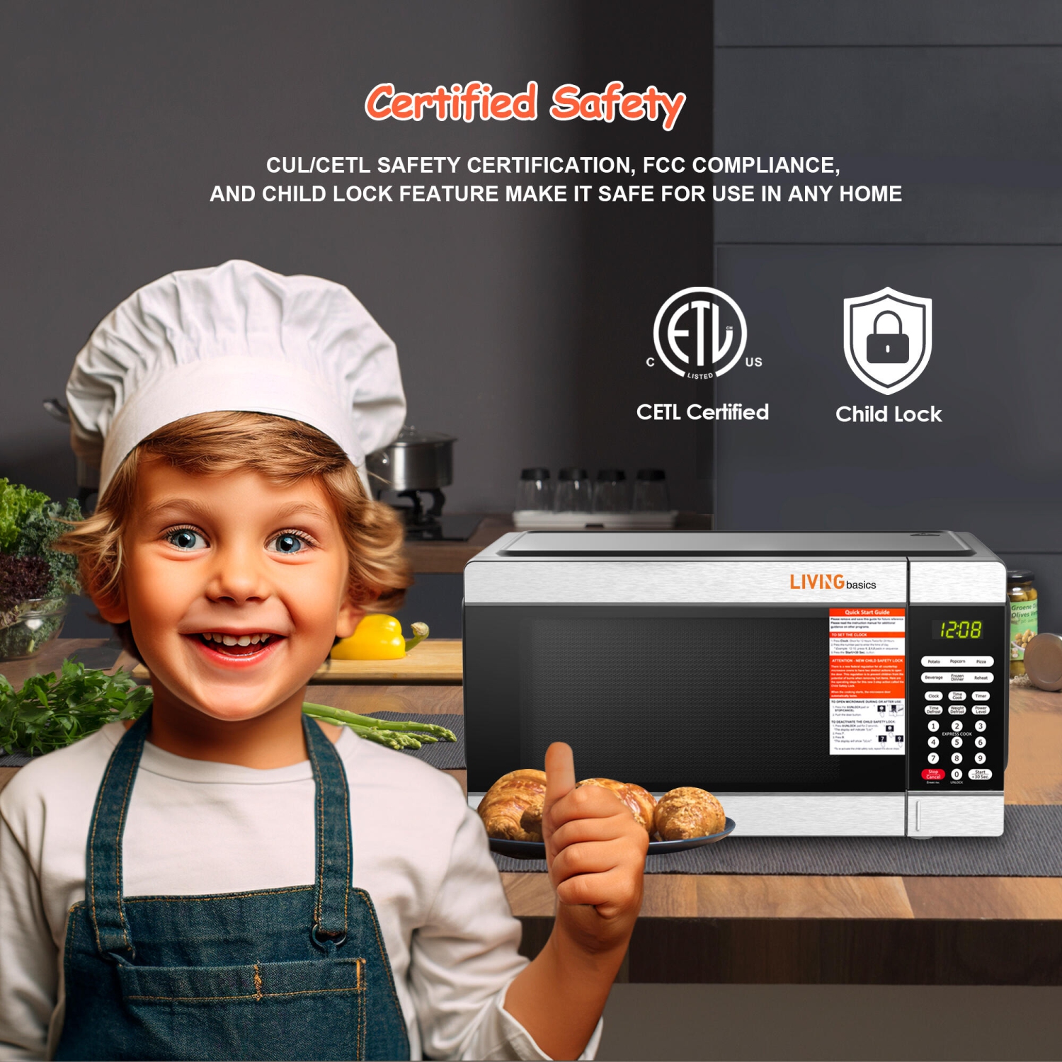 Four à micro-ondes de comptoir de 1,1 pi3 de LIVINGBasics, 1000&nbsp;W, technologie Inverter intégrée avec éclairage DEL, verrou de sécurité, plateau
