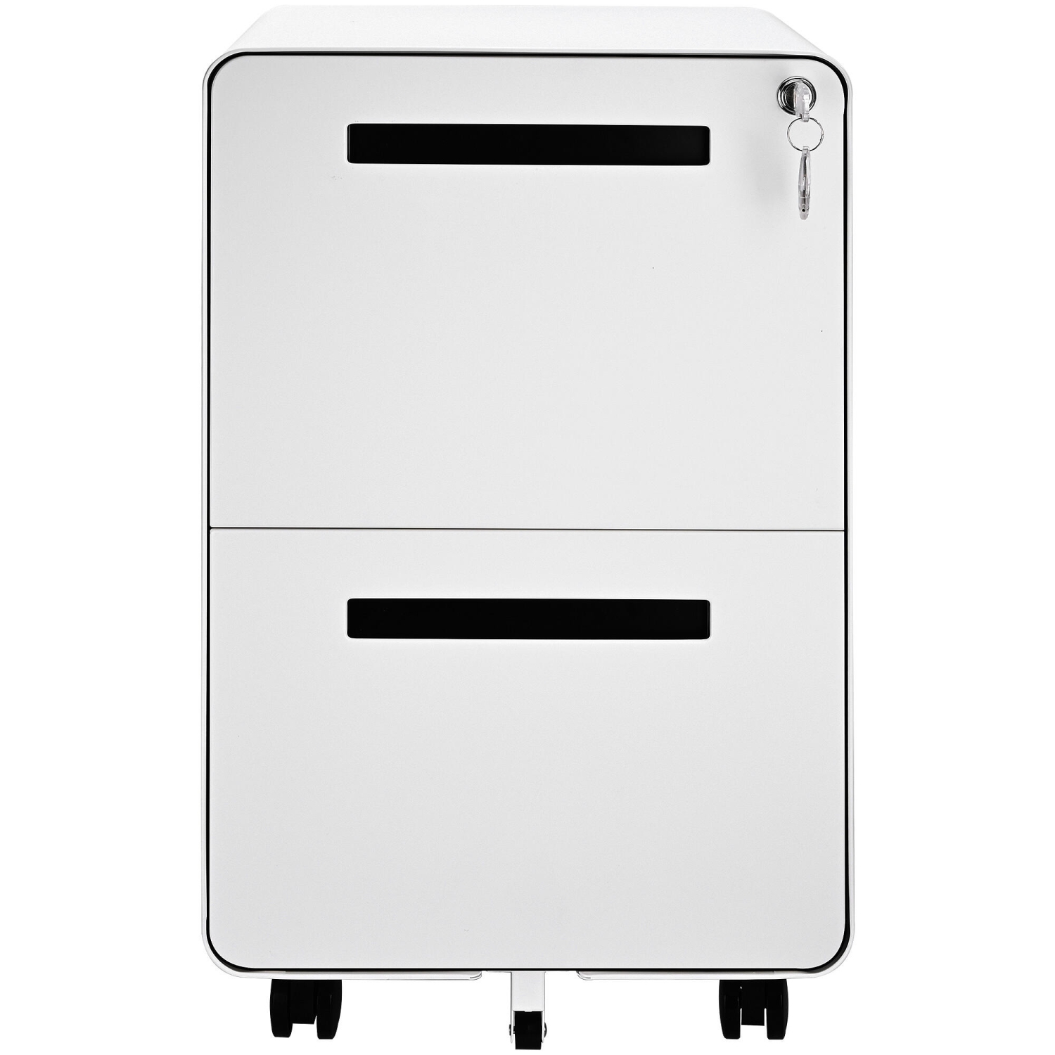 25.4" Deep 2-Drawer Filing Cabinet, Mobile Steel Pedestal File Cabinet with Lock and 5 Wheels, Round Edge, White