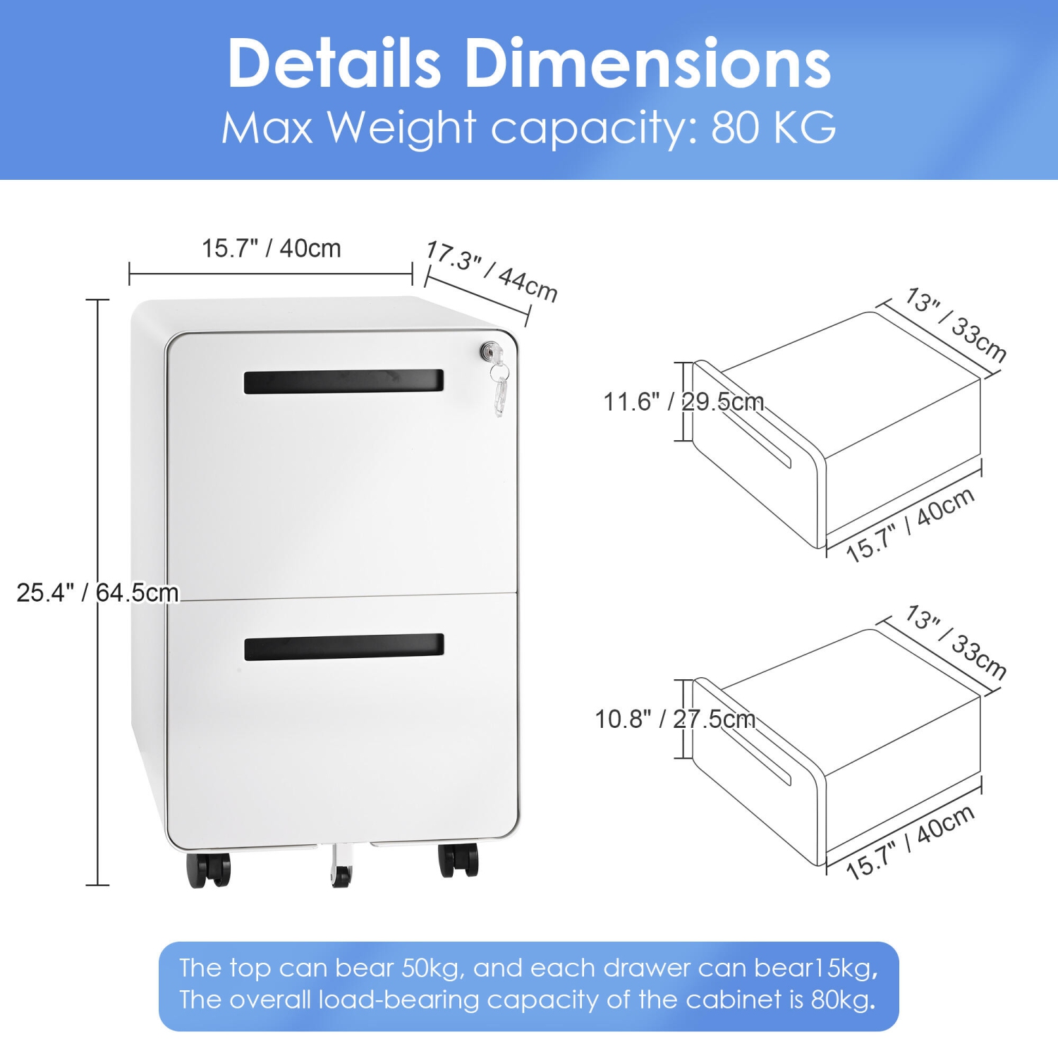 25.4" Deep 2-Drawer Filing Cabinet, Mobile Steel Pedestal File Cabinet with Lock and 5 Wheels, Round Edge, White