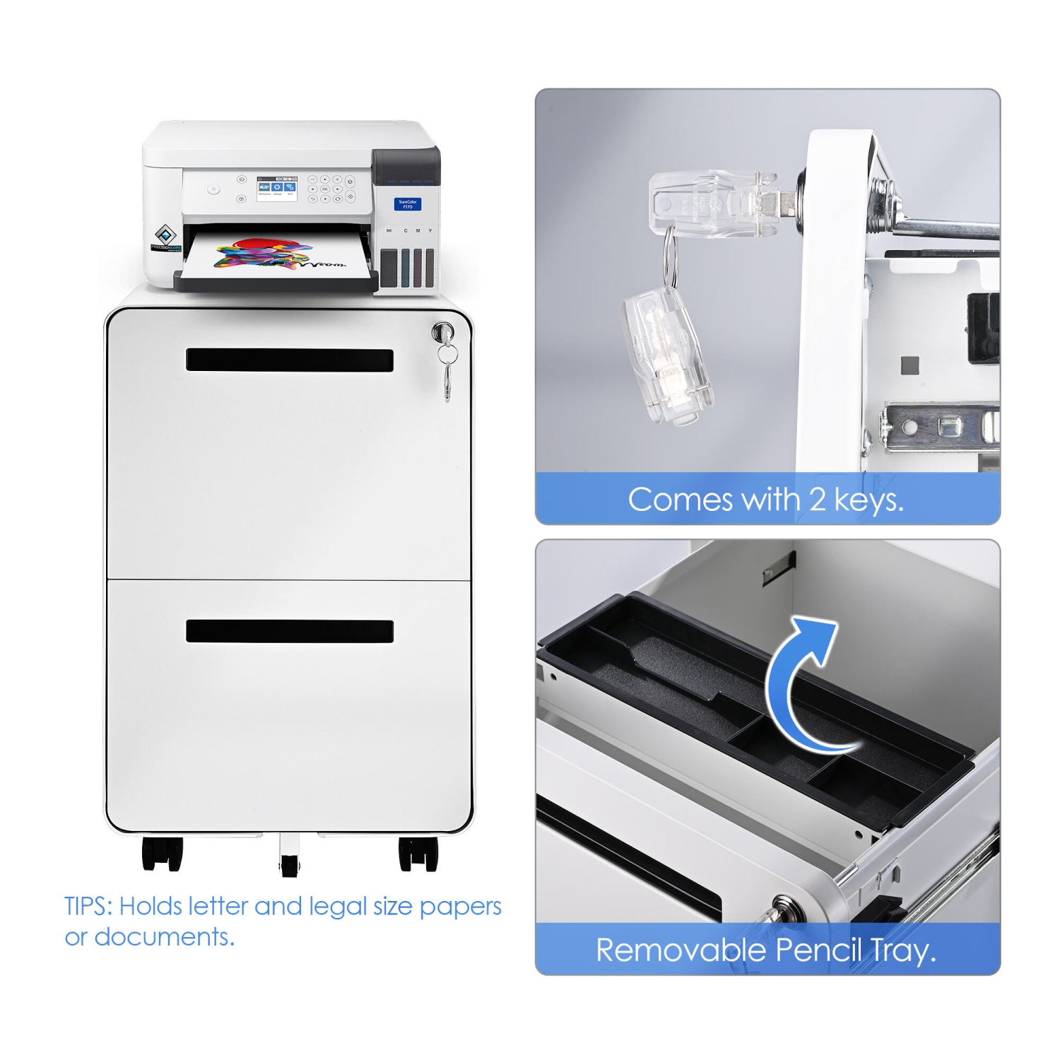 25.4" Deep 2-Drawer Filing Cabinet, Mobile Steel Pedestal File Cabinet with Lock and 5 Wheels, Round Edge, White