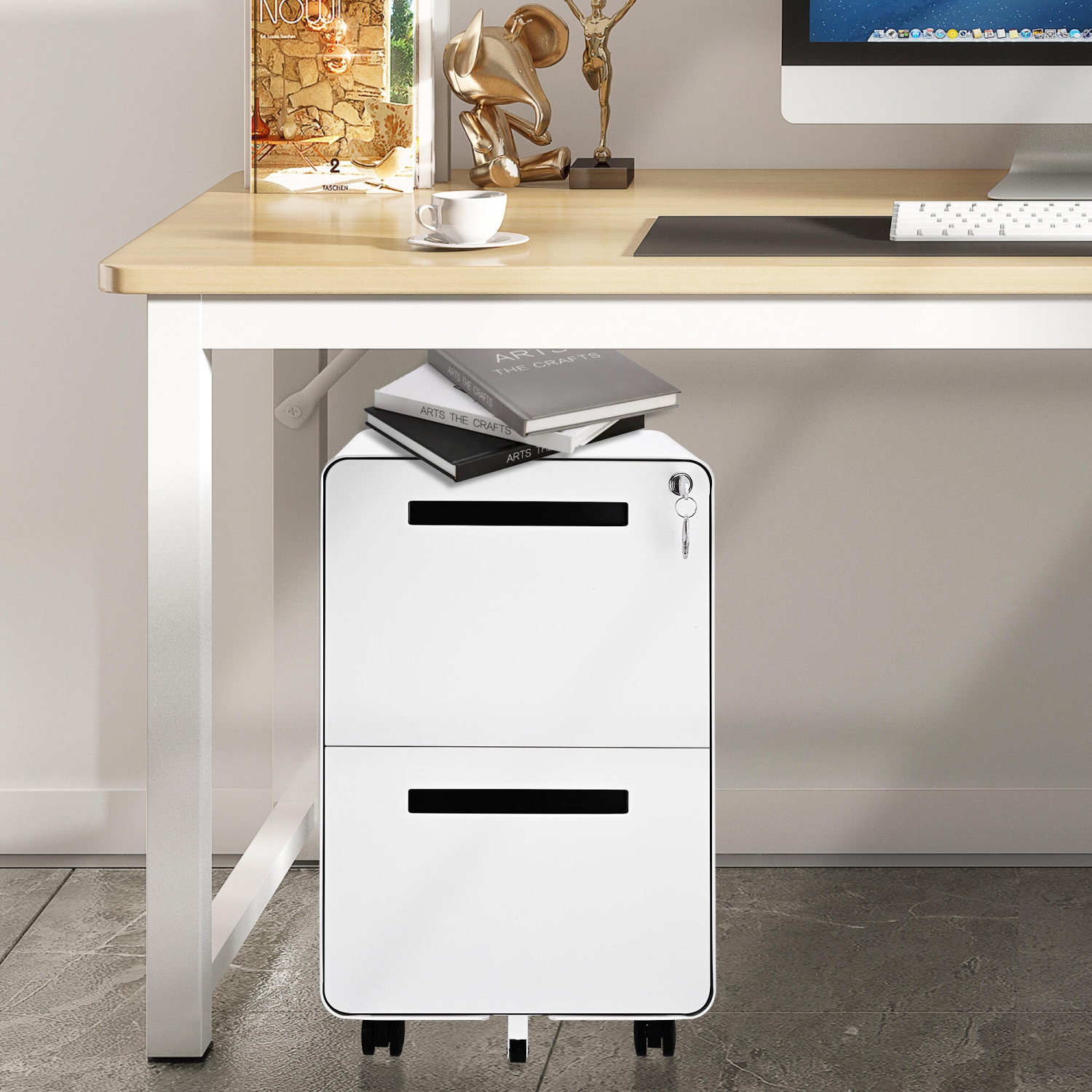 25.4" Deep 2-Drawer Filing Cabinet, Mobile Steel Pedestal File Cabinet with Lock and 5 Wheels, Round Edge, White