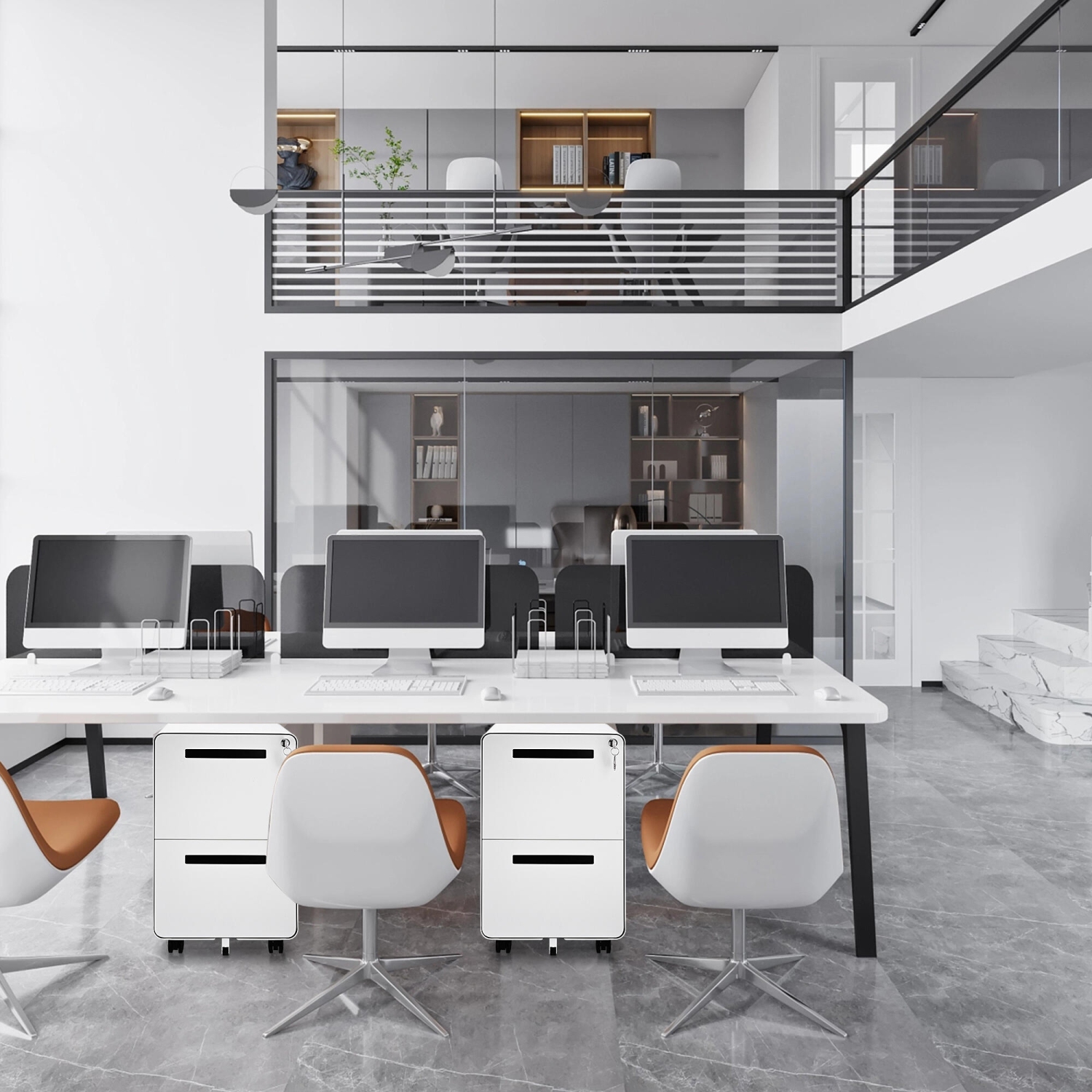 25.4" Deep 2-Drawer Filing Cabinet, Mobile Steel Pedestal File Cabinet with Lock and 5 Wheels, Round Edge, White