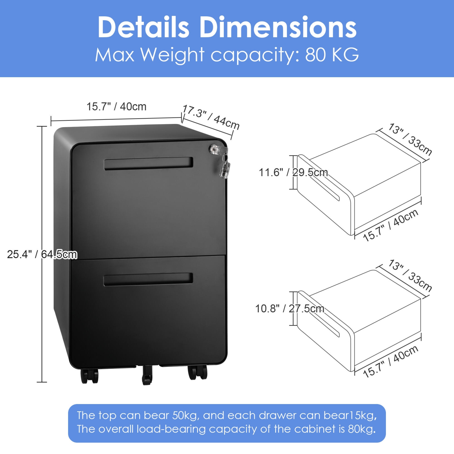 25.4" Deep 2-Drawer Filing Cabinet, Mobile Steel Pedestal File Cabinet with Lock and 5 Wheels, Round Edge, Black