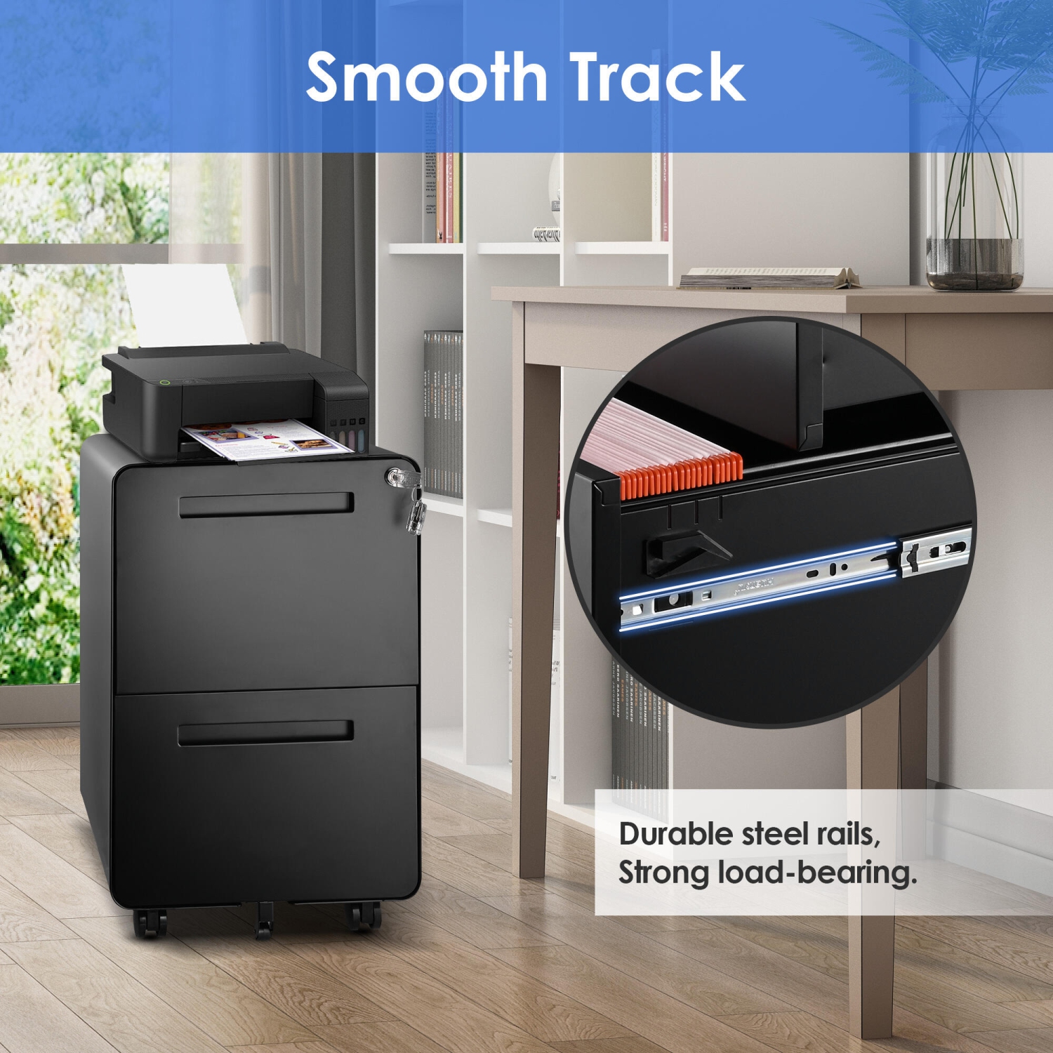 25.4" Deep 2-Drawer Filing Cabinet, Mobile Steel Pedestal File Cabinet with Lock and 5 Wheels, Round Edge, Black