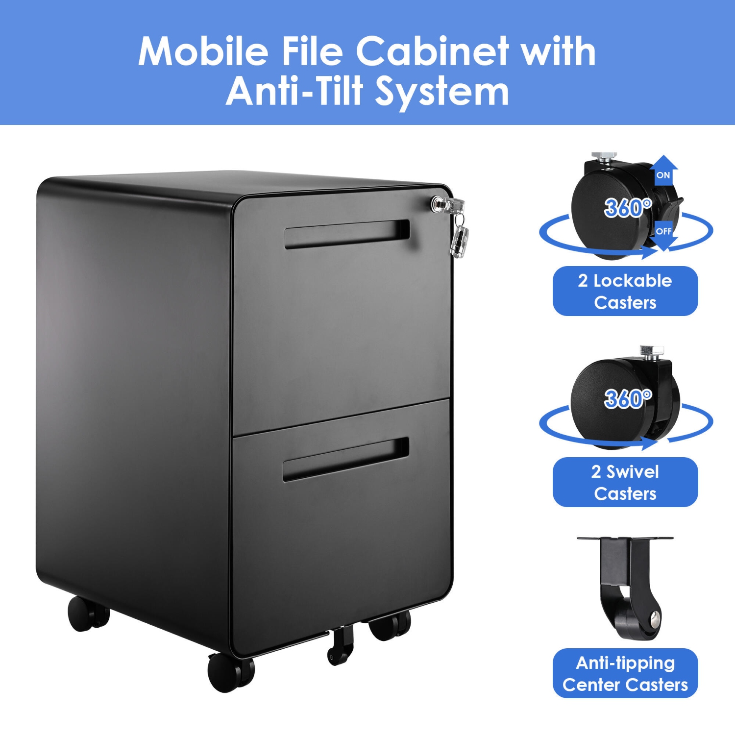 25.4" Deep 2-Drawer Filing Cabinet, Mobile Steel Pedestal File Cabinet with Lock and 5 Wheels, Round Edge, Black