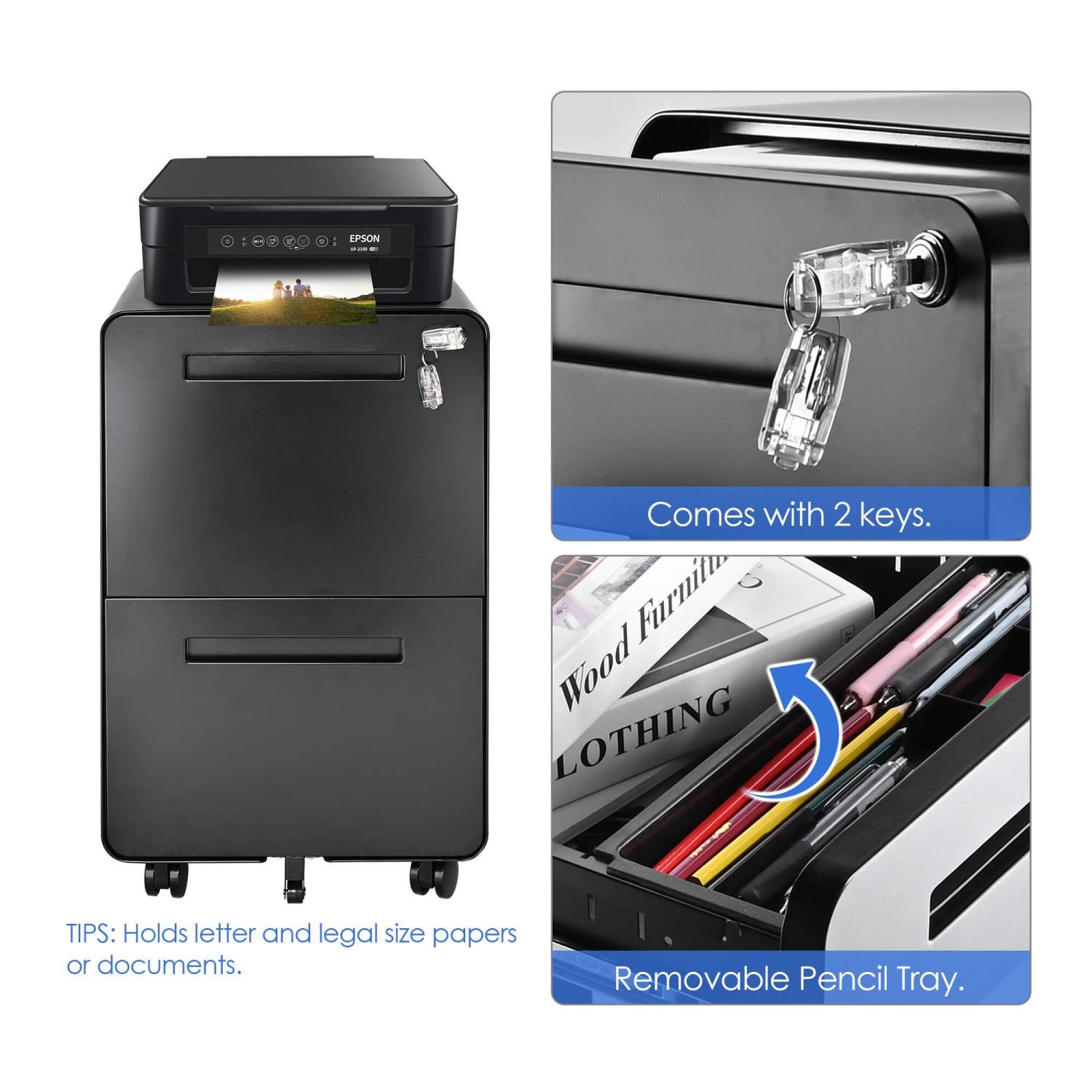 25.4" Deep 2-Drawer Filing Cabinet, Mobile Steel Pedestal File Cabinet with Lock and 5 Wheels, Round Edge, Black