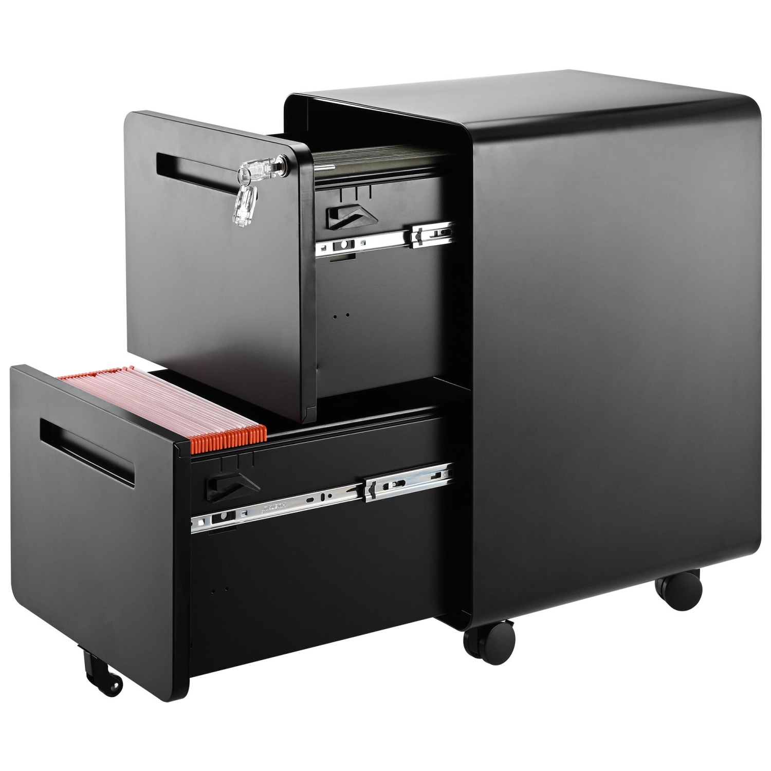 25.4" Deep 2-Drawer Filing Cabinet, Mobile Steel Pedestal File Cabinet with Lock and 5 Wheels, Round Edge, Black