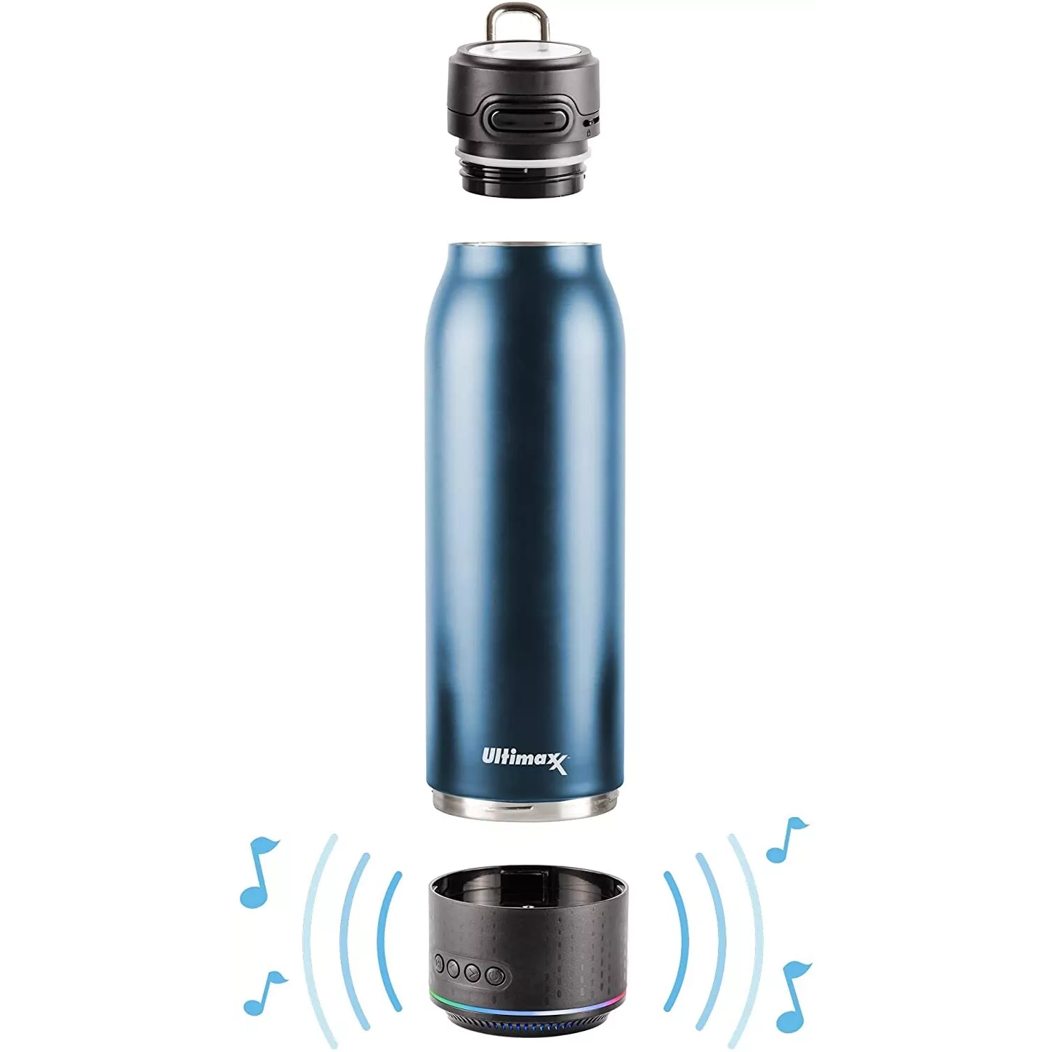 Bouteille isotherme Water Flask avec haut-parleur Bluetooth rechargeable, bleu marine
