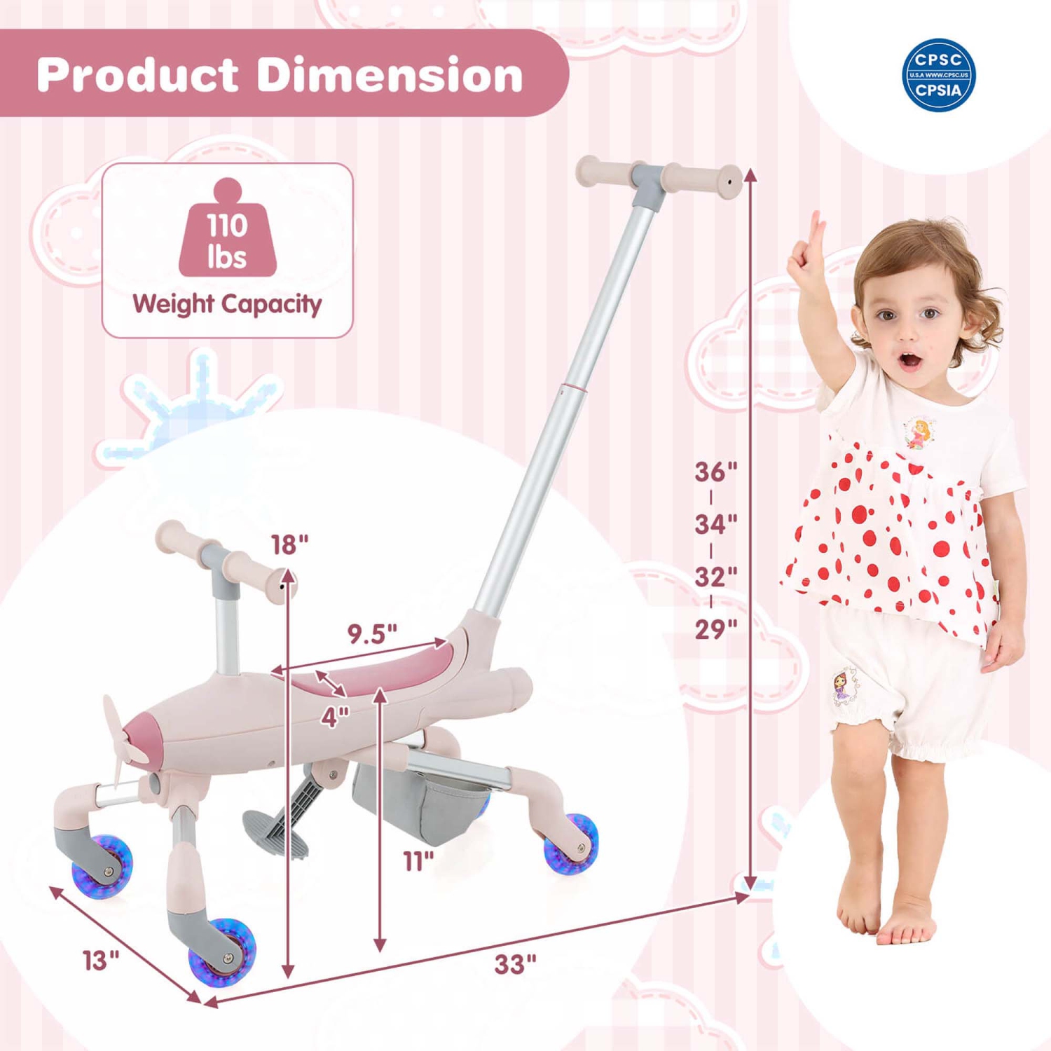 Jouet-porteur 2-en-1 pour enfants de Costway avec roues à DEL éclairées, poignée réglable et amovible