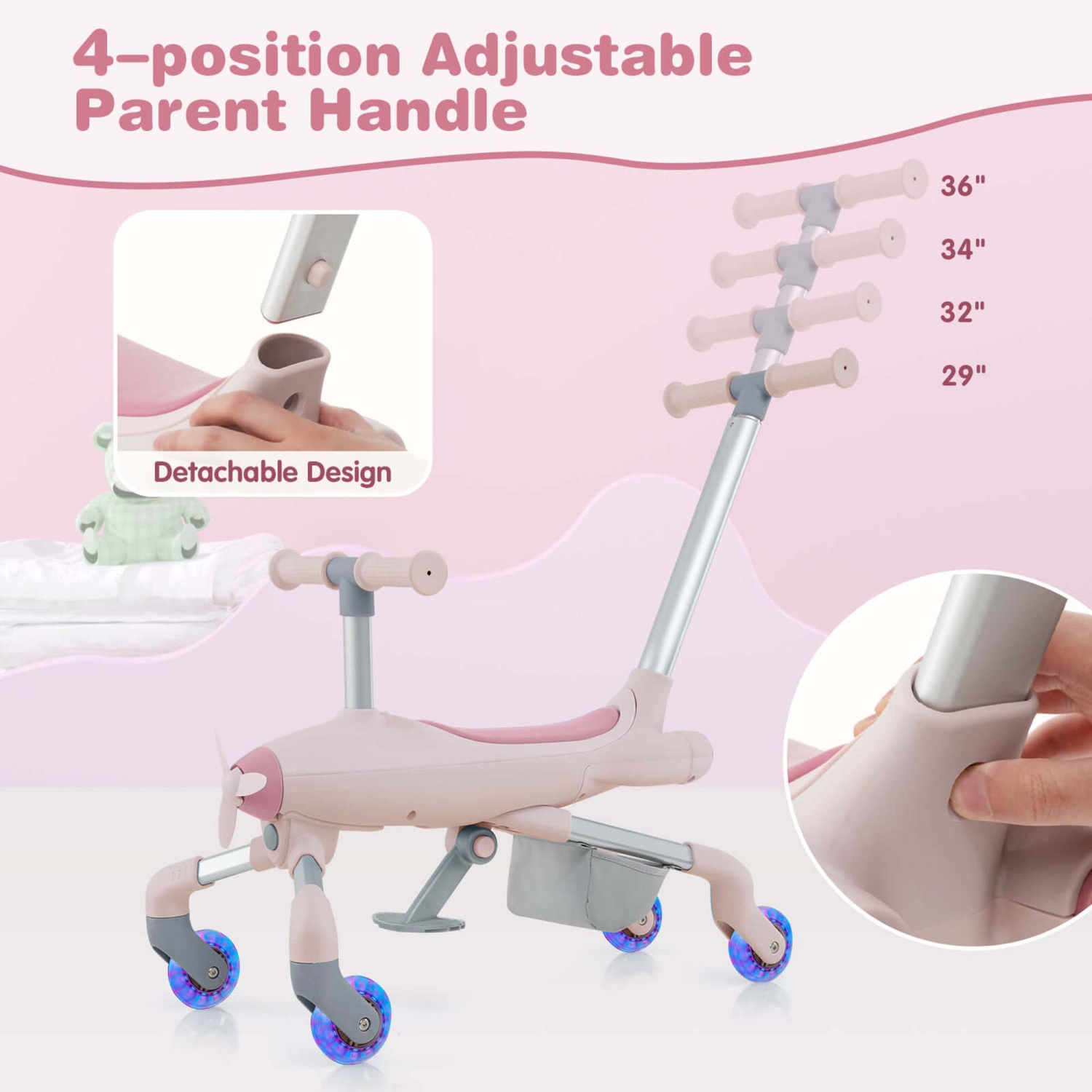 Jouet-porteur 2-en-1 pour enfants de Costway avec roues à DEL éclairées, poignée réglable et amovible
