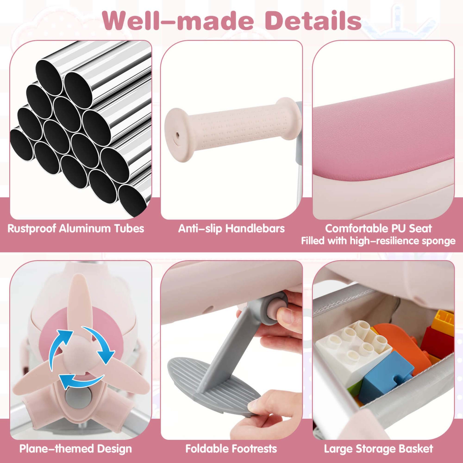 Jouet-porteur 2-en-1 pour enfants de Costway avec roues à DEL éclairées, poignée réglable et amovible