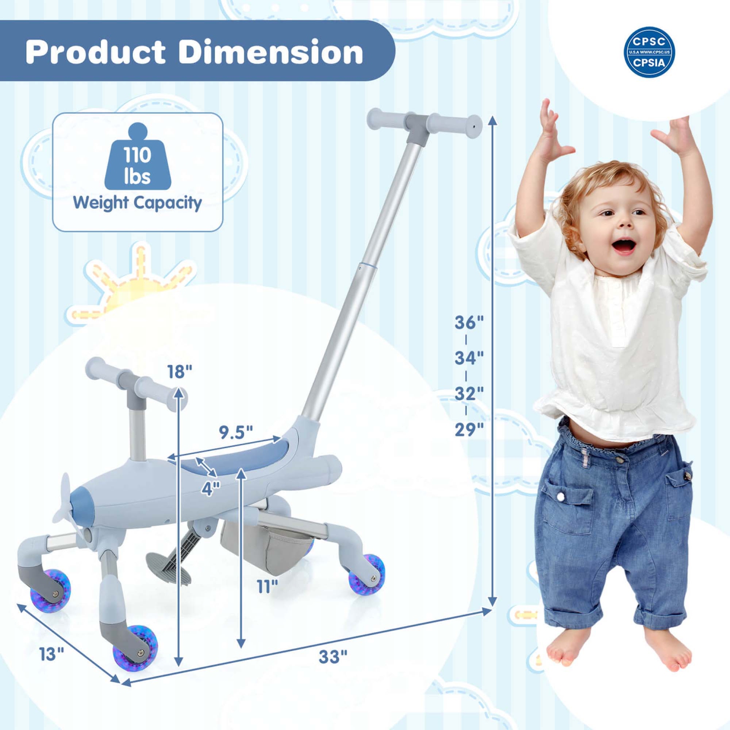 Costway 2-in-1 Kids Ride-on Push Car with LED Lighted Wheels Removable & Adjustable Handle