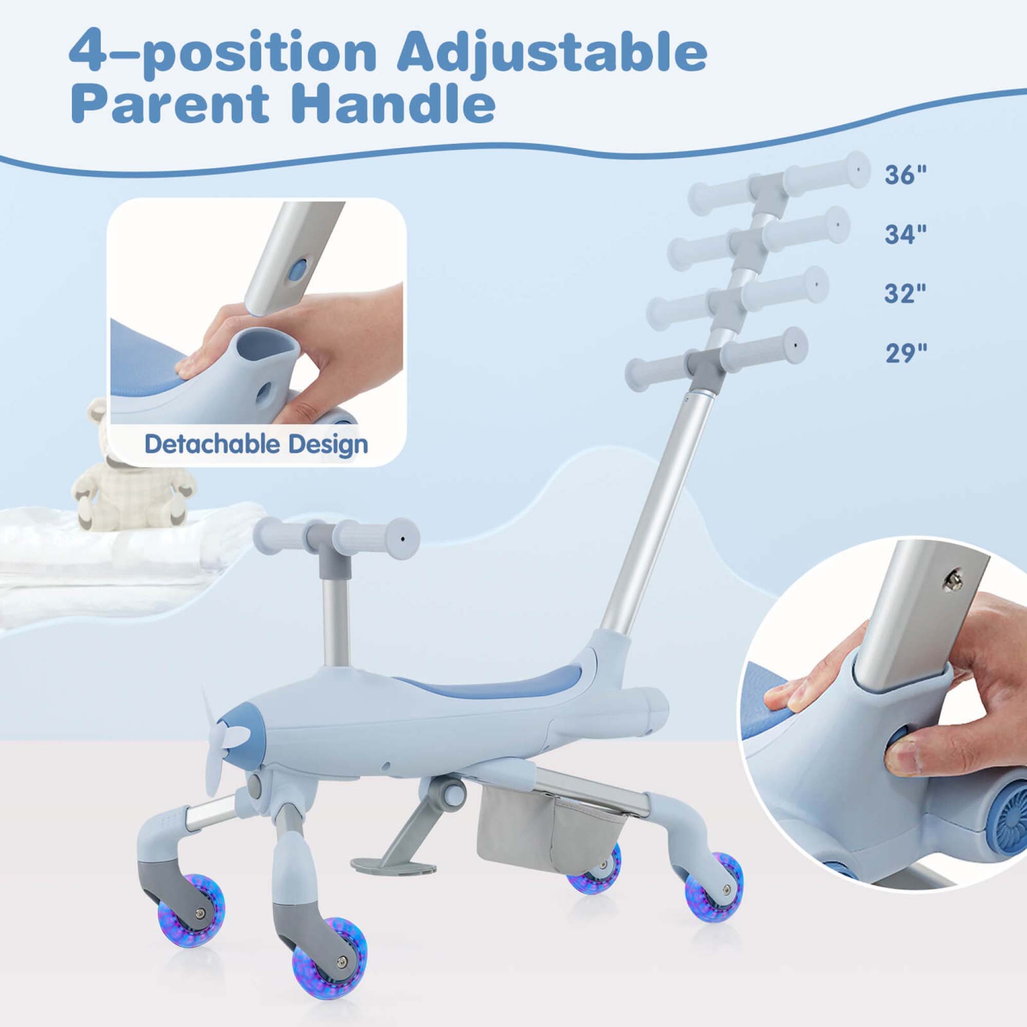 Costway 2-in-1 Kids Ride-on Push Car with LED Lighted Wheels Removable & Adjustable Handle