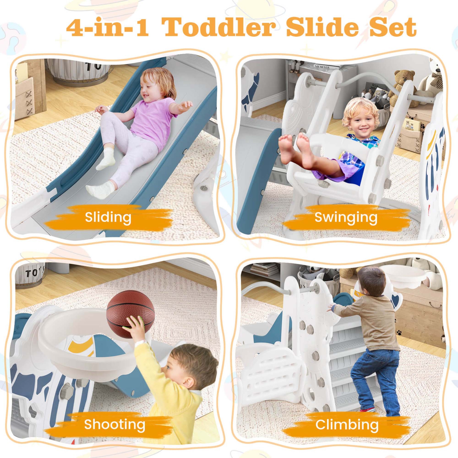 Costway Toddler Slide and Swing Set 4-in-1 Indoor Playground with Extended Slide & Swing
