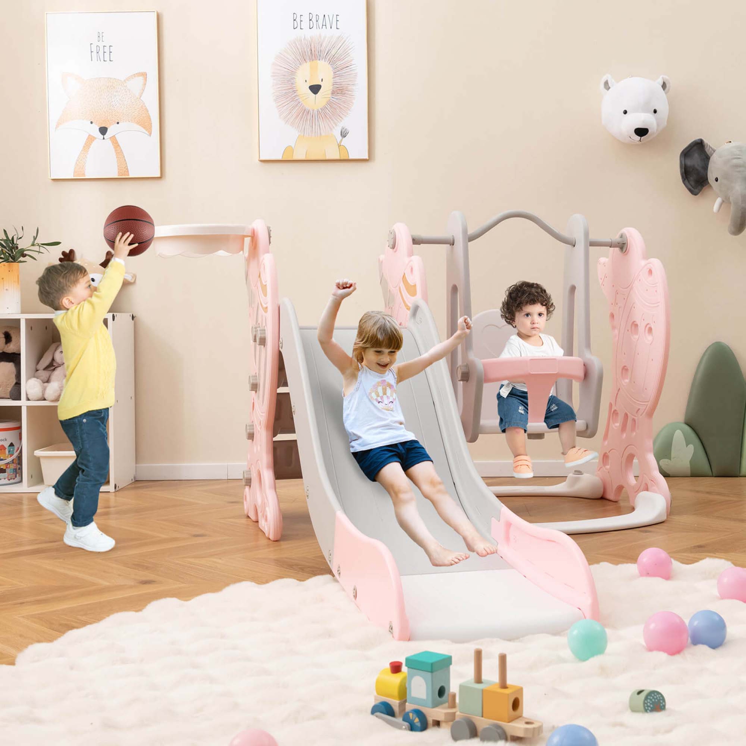 Costway Toddler Slide and Swing Set 4-in-1 Indoor Playground with Extended Slide & Swing