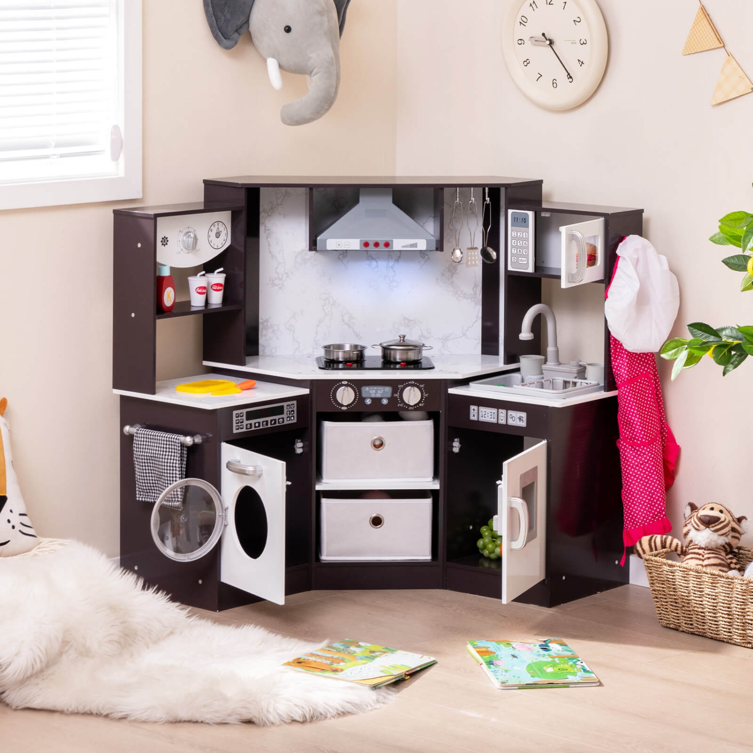 Costway Wooden Kids Play Corner Kitchen with Realistic Lights & Sounds Lighted Range Hood