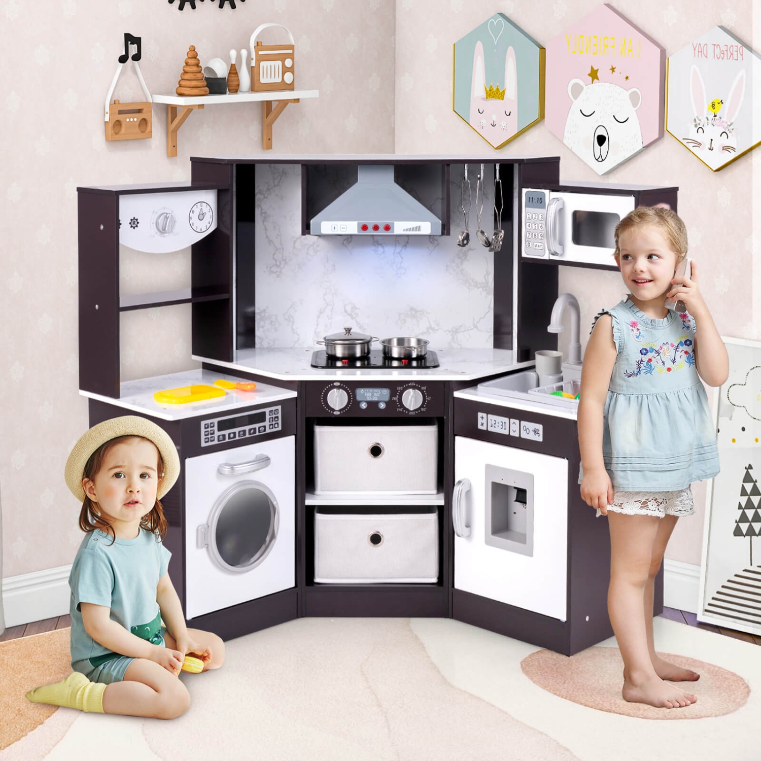 Costway Wooden Kids Play Corner Kitchen with Realistic Lights & Sounds Lighted Range Hood