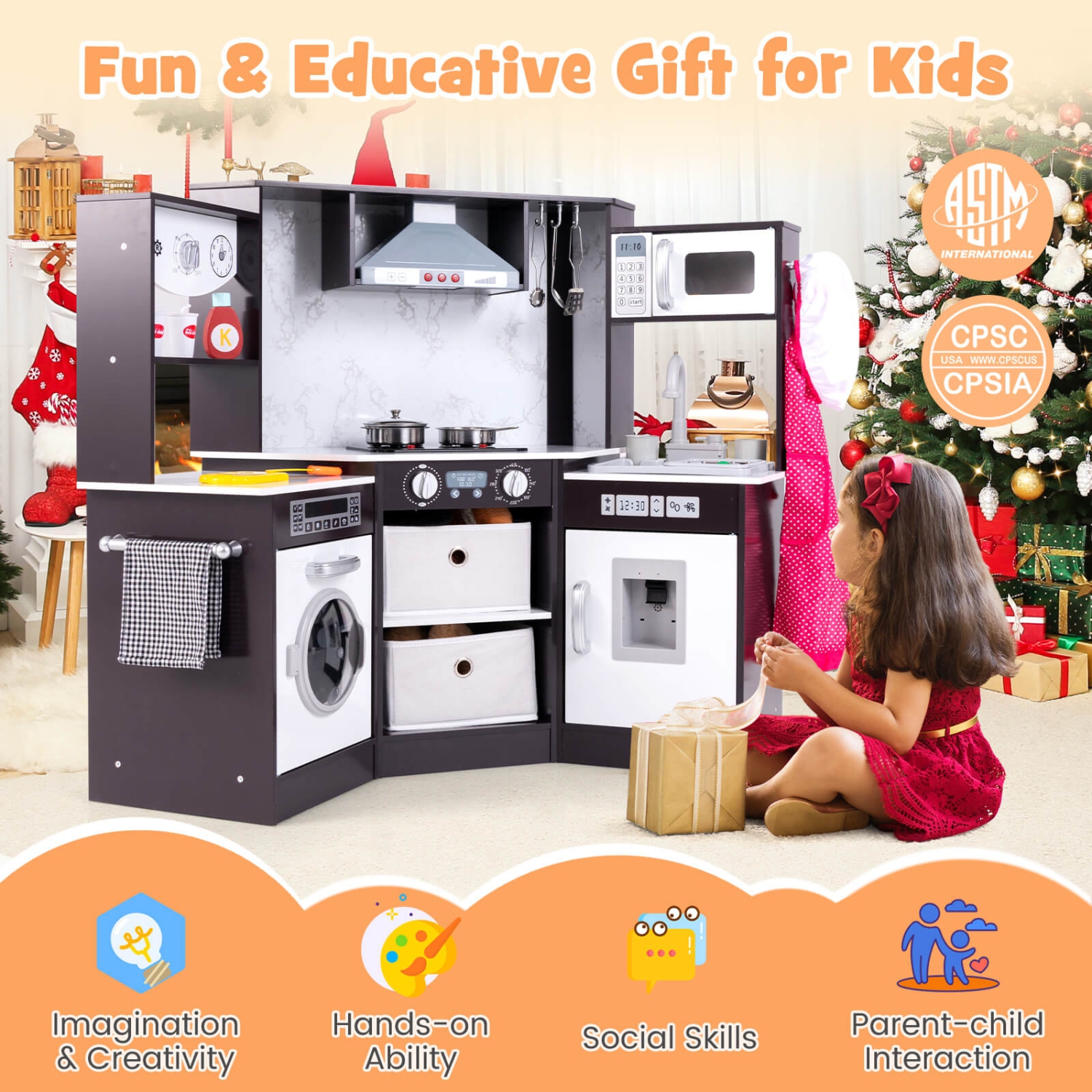 Costway Wooden Kids Play Corner Kitchen with Realistic Lights & Sounds Lighted Range Hood
