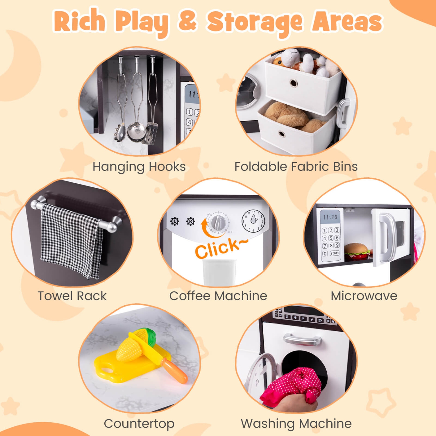 Costway Wooden Kids Play Corner Kitchen with Realistic Lights & Sounds Lighted Range Hood