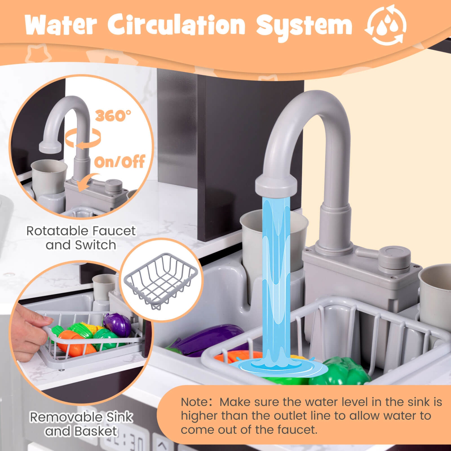 Costway Wooden Kids Play Corner Kitchen with Realistic Lights & Sounds Lighted Range Hood