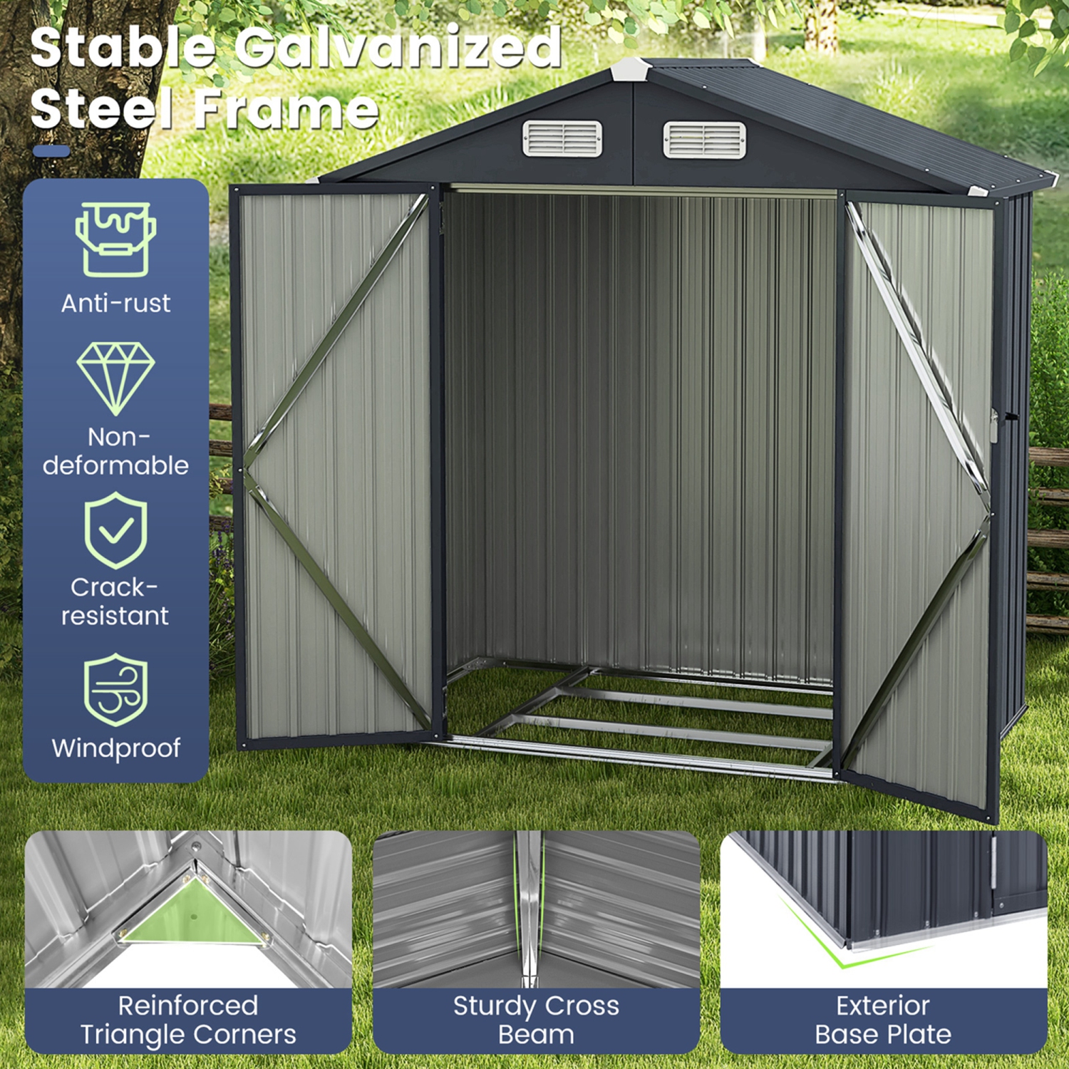 Costway 6.3' x 3.5' Outdoor Storage Shed with Base Floor 4 Vents Waterproof & Windproof