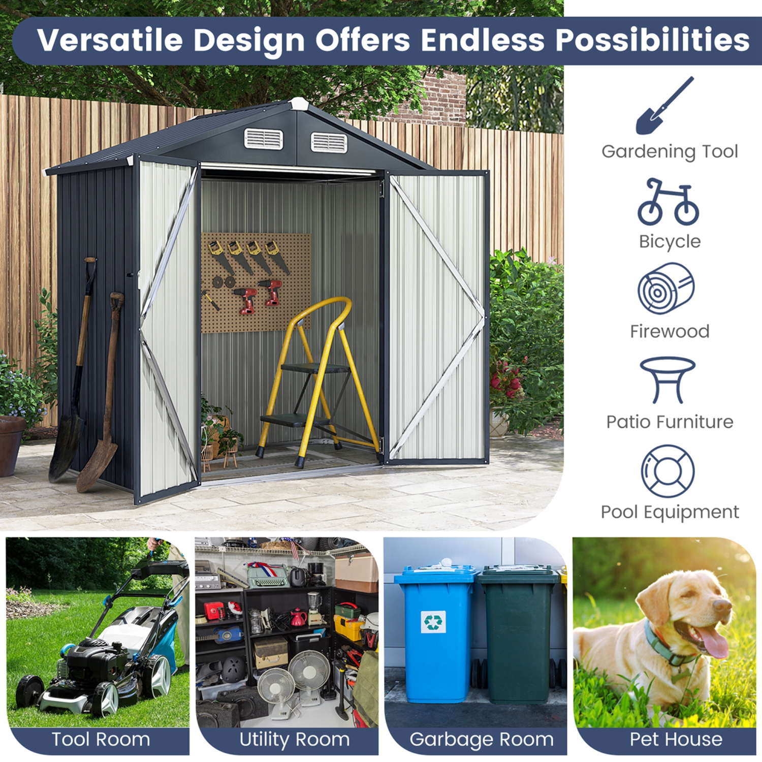 Costway 6.3' x 3.5' Outdoor Storage Shed with Base Floor 4 Vents Waterproof & Windproof