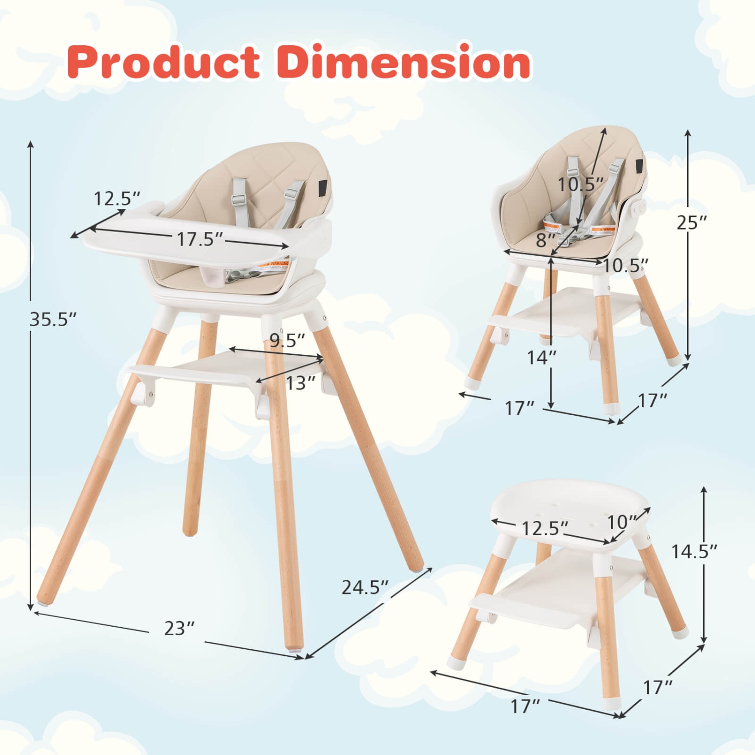 Costway 6-in-1 Convertible Wooden Baby Highchair Infant Feeding Chair with Removable Tray