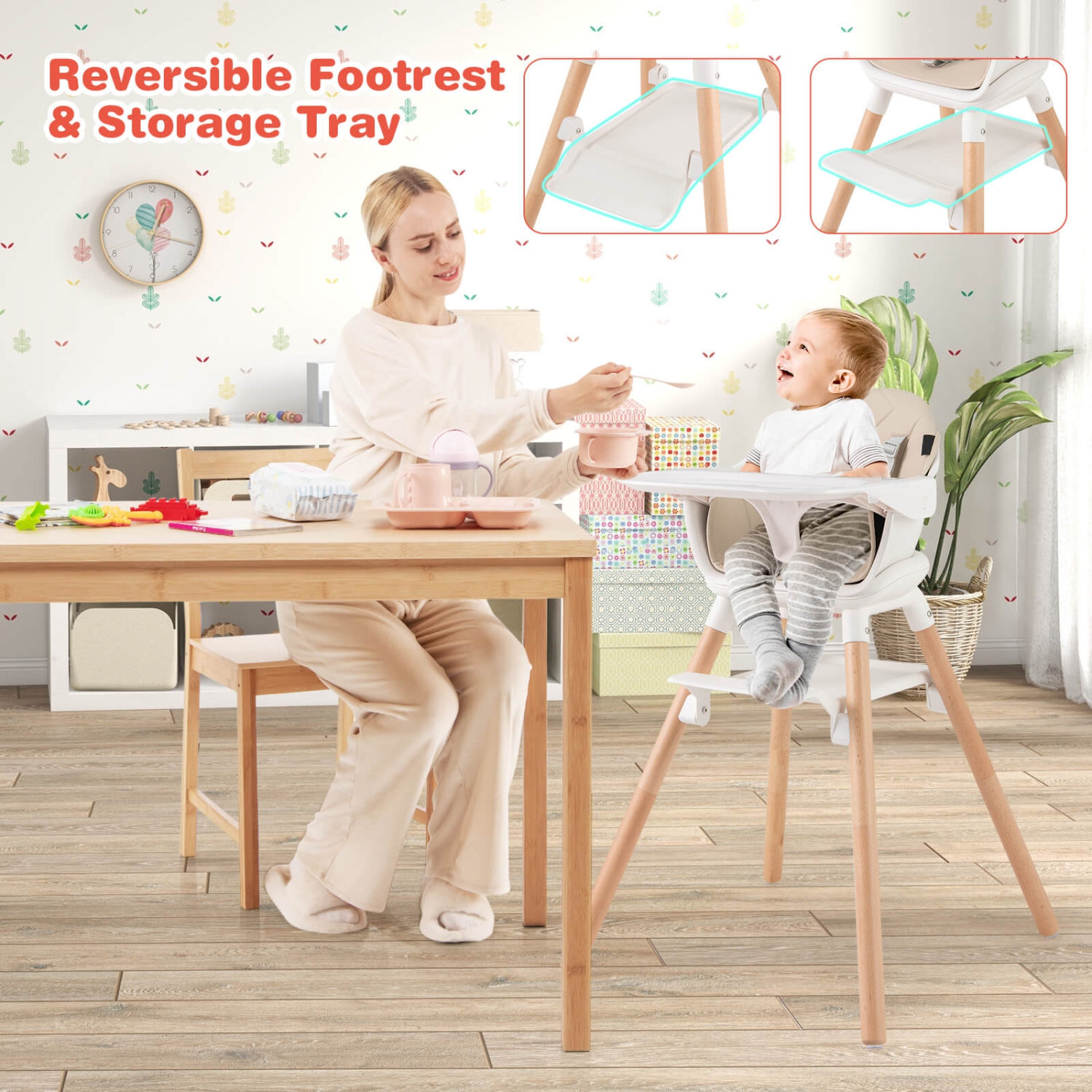 Costway 6-in-1 Convertible Wooden Baby Highchair Infant Feeding Chair with Removable Tray