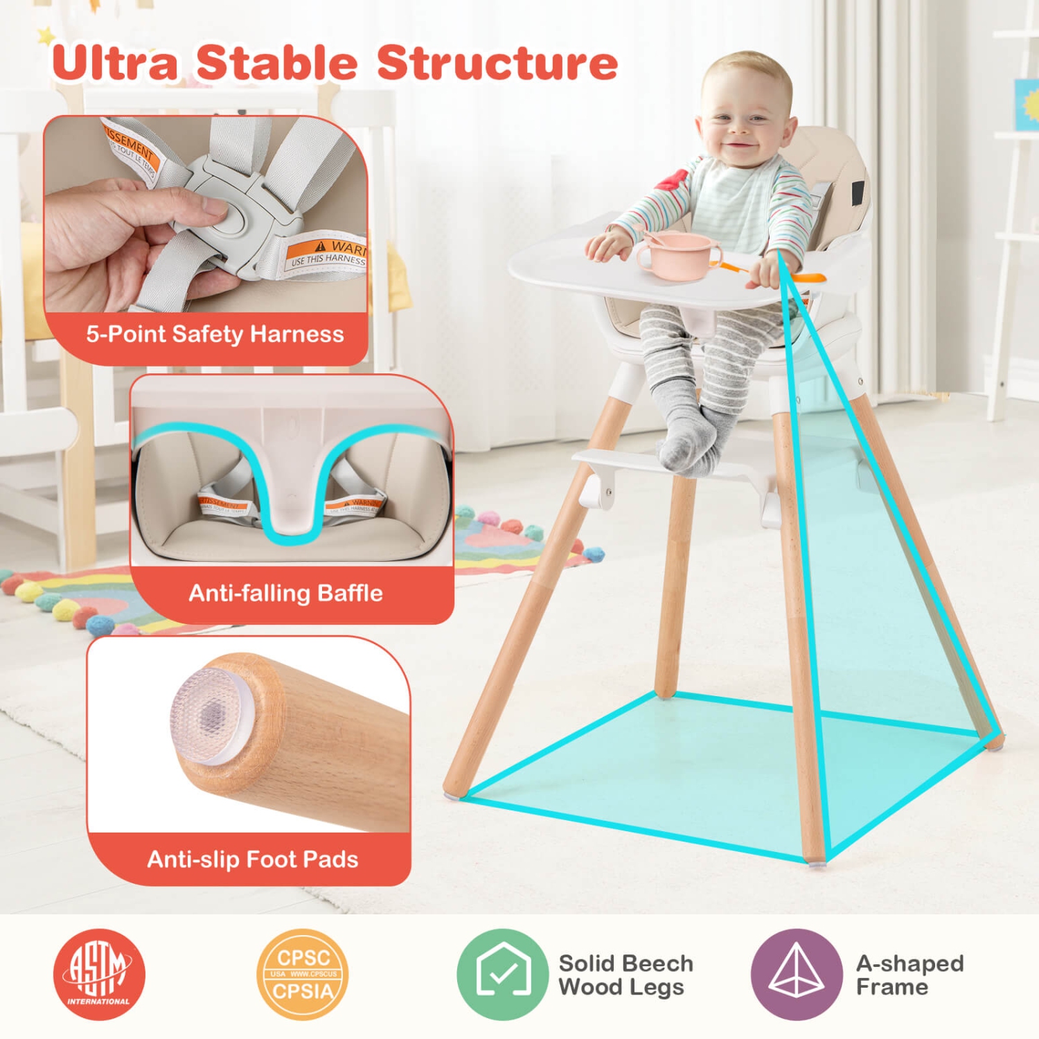 Costway 6-in-1 Convertible Wooden Baby Highchair Infant Feeding Chair with Removable Tray