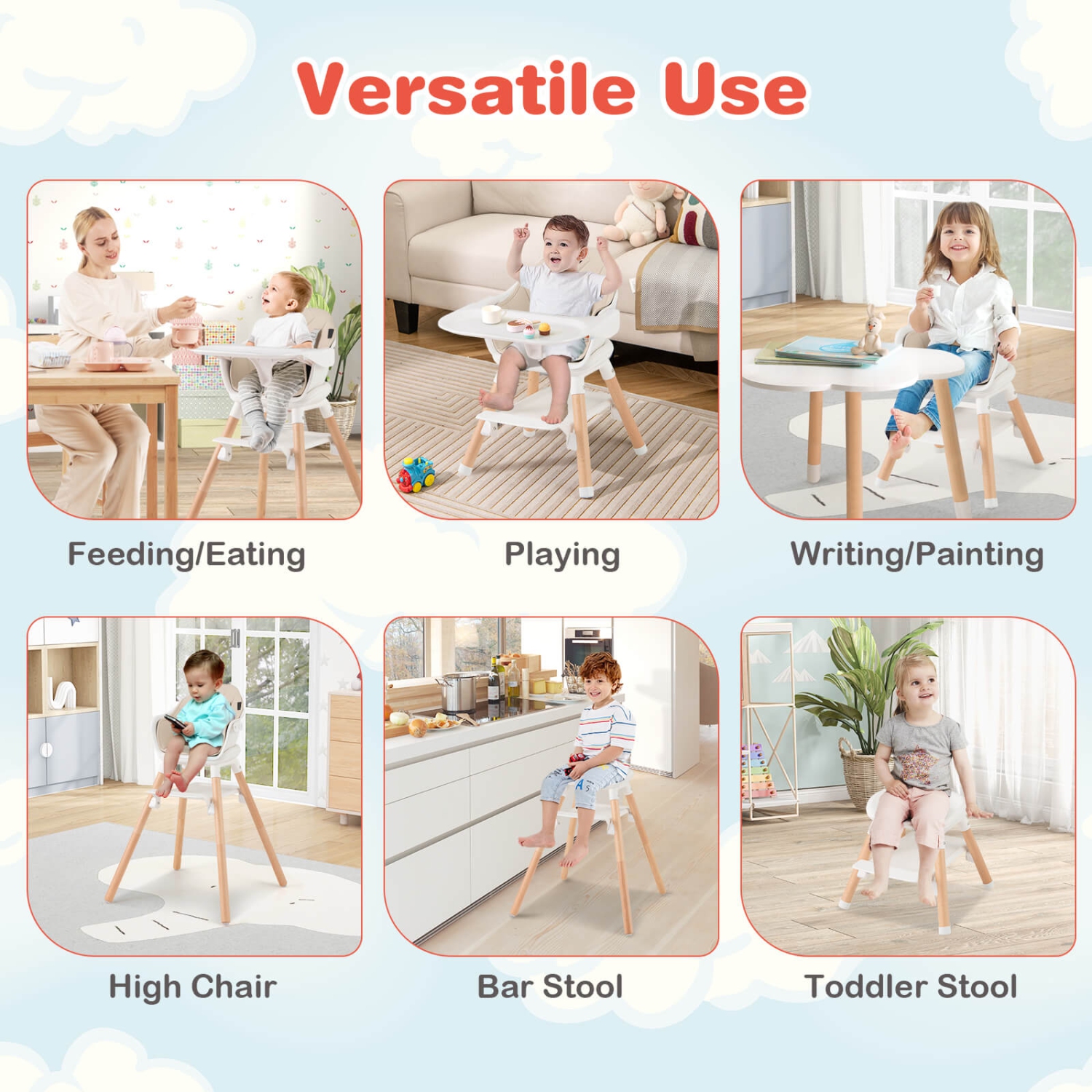 Costway 6-in-1 Convertible Wooden Baby Highchair Infant Feeding Chair with Removable Tray