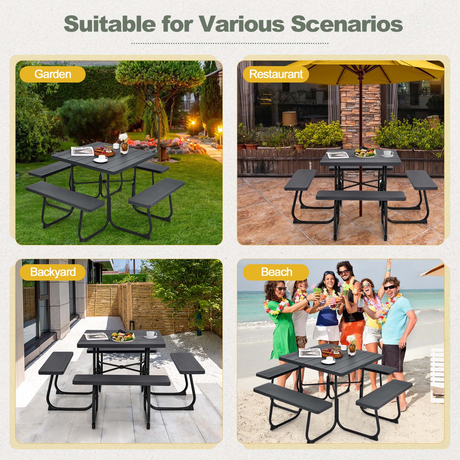 Costway Outdoor 8-person Square Picnic Table Bench Set with 4 Benches & Umbrella Hole