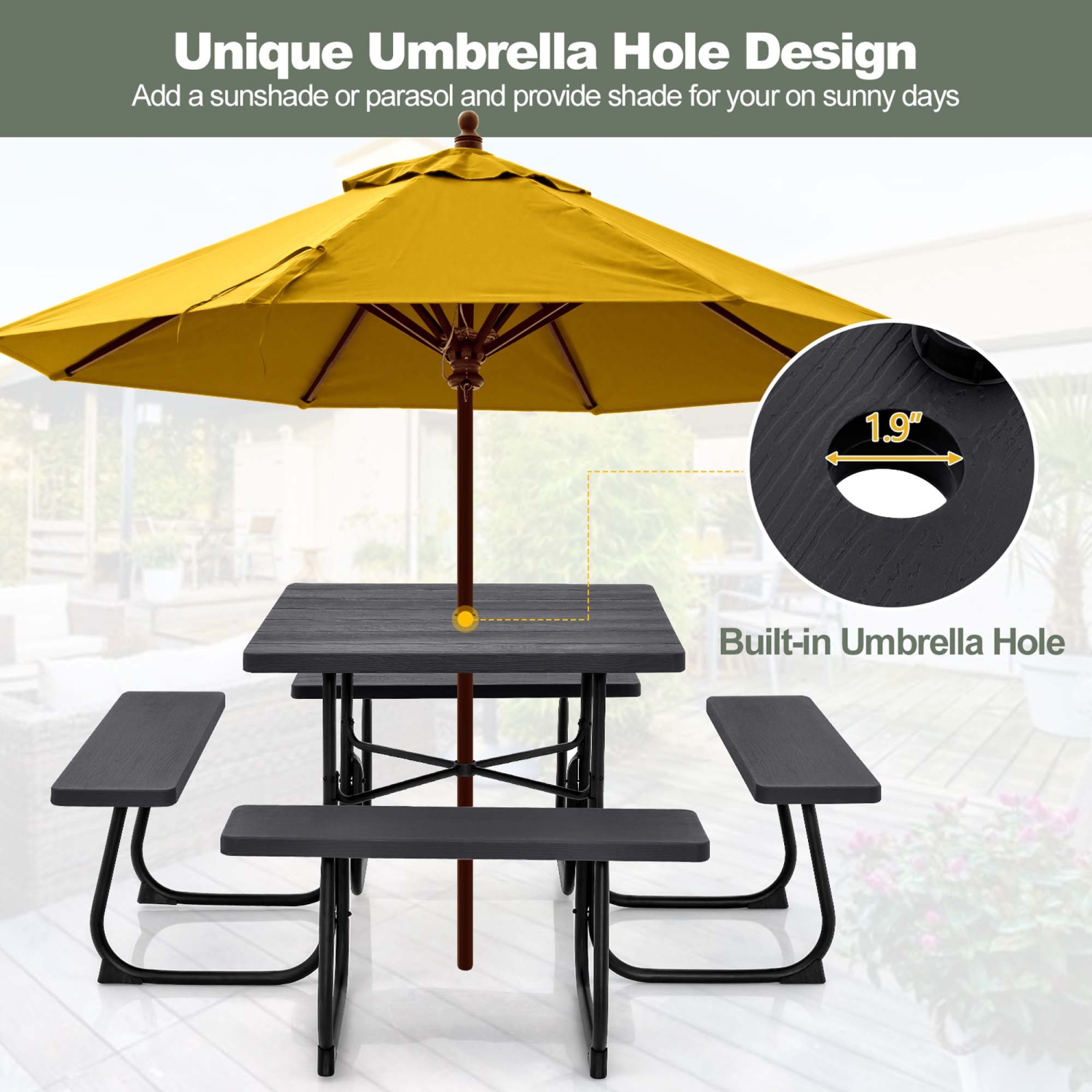 Costway Outdoor 8-person Square Picnic Table Bench Set with 4 Benches & Umbrella Hole