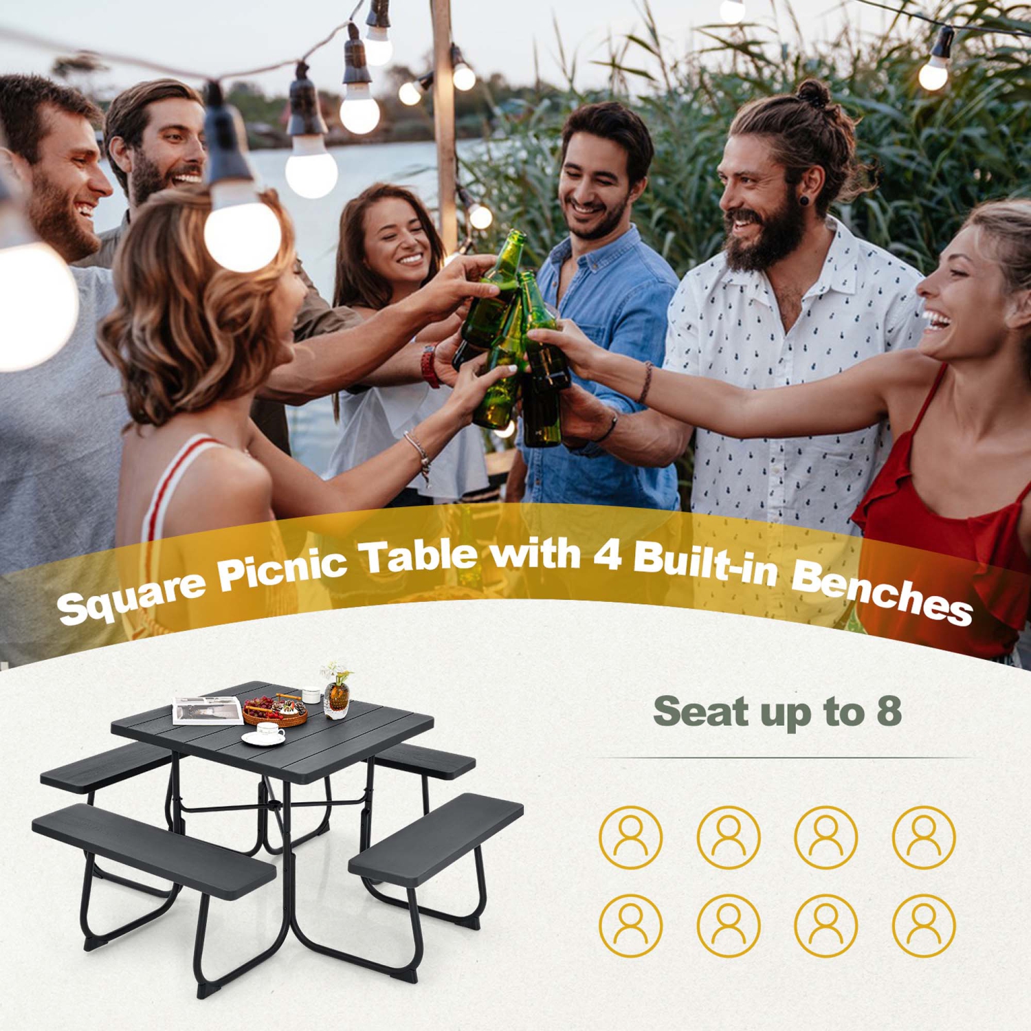 Costway Outdoor 8-person Square Picnic Table Bench Set with 4 Benches & Umbrella Hole