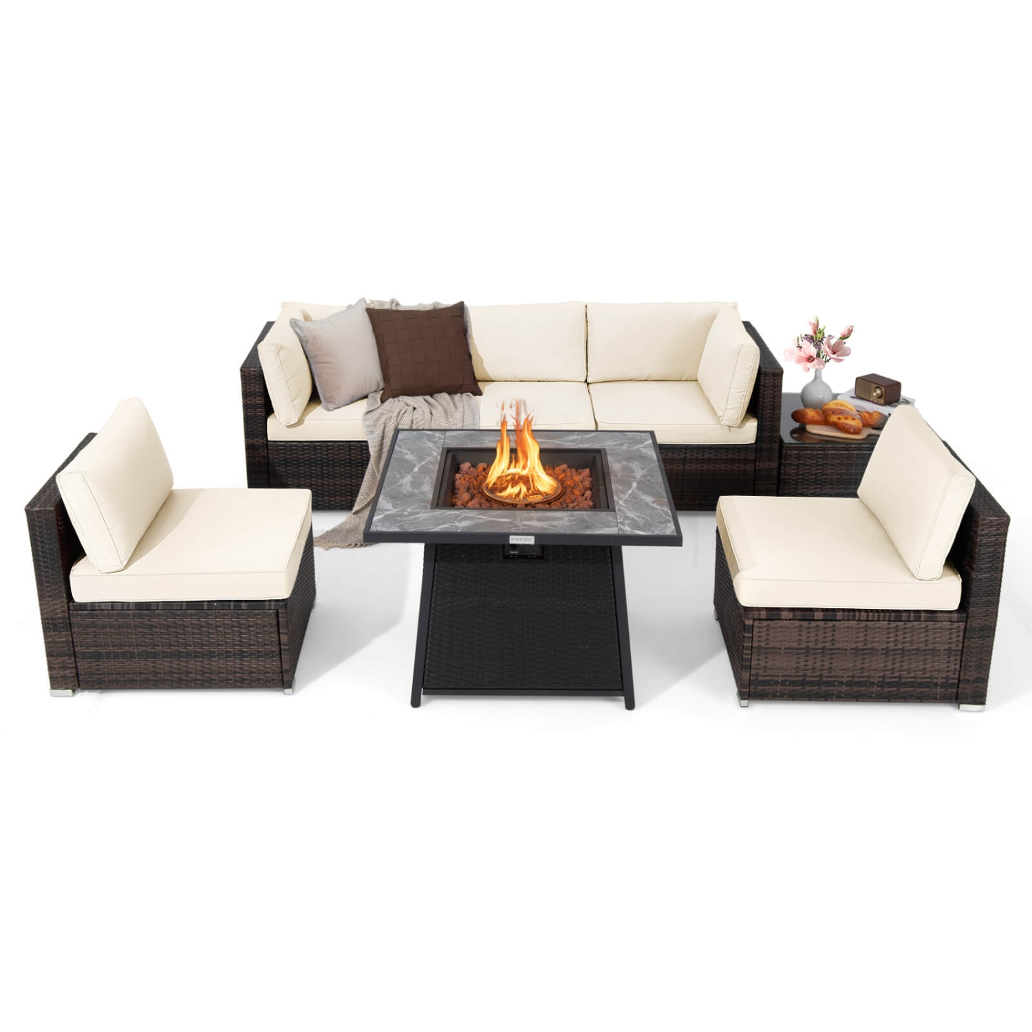 Costway 7 PCS Patio Furniture Set with 35" Propane Gas Fire Pit Table & Waterproof Cover