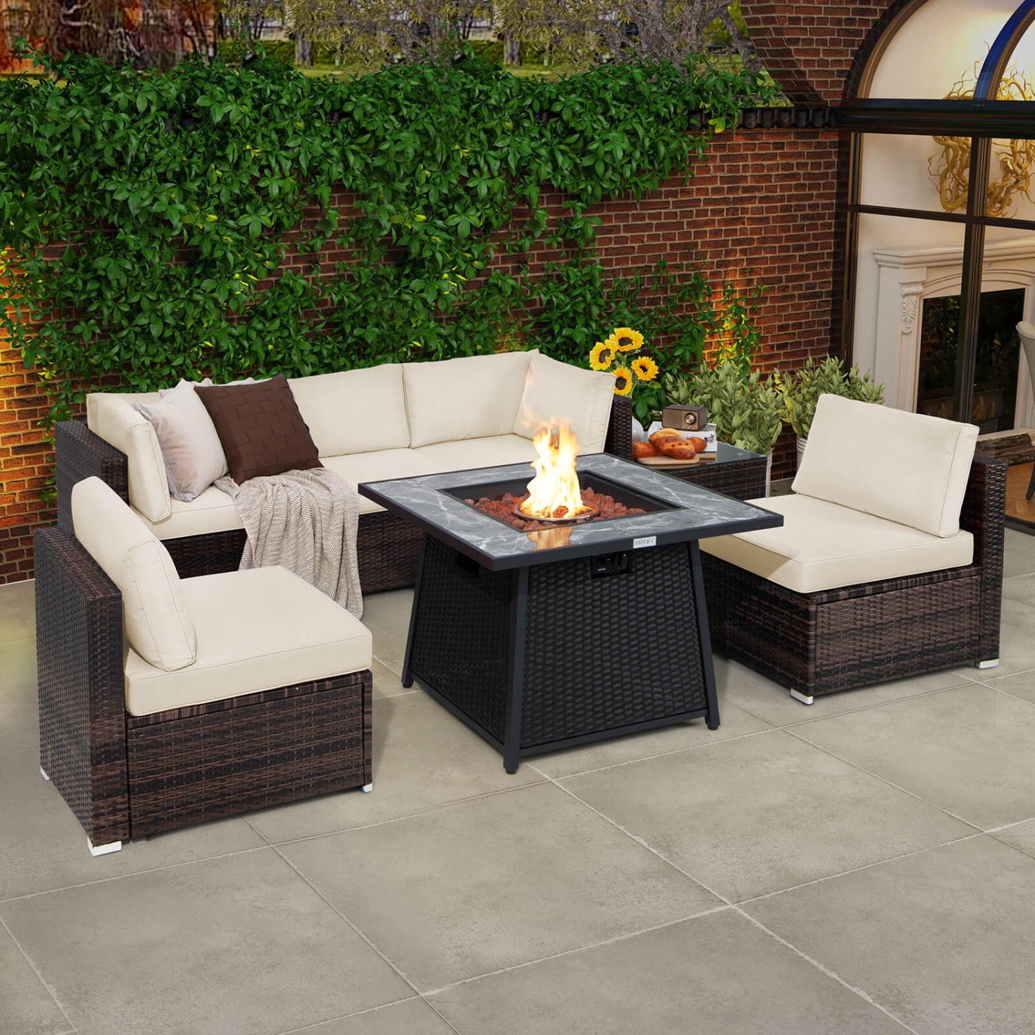 Costway 7 PCS Patio Furniture Set with 35" Propane Gas Fire Pit Table & Waterproof Cover