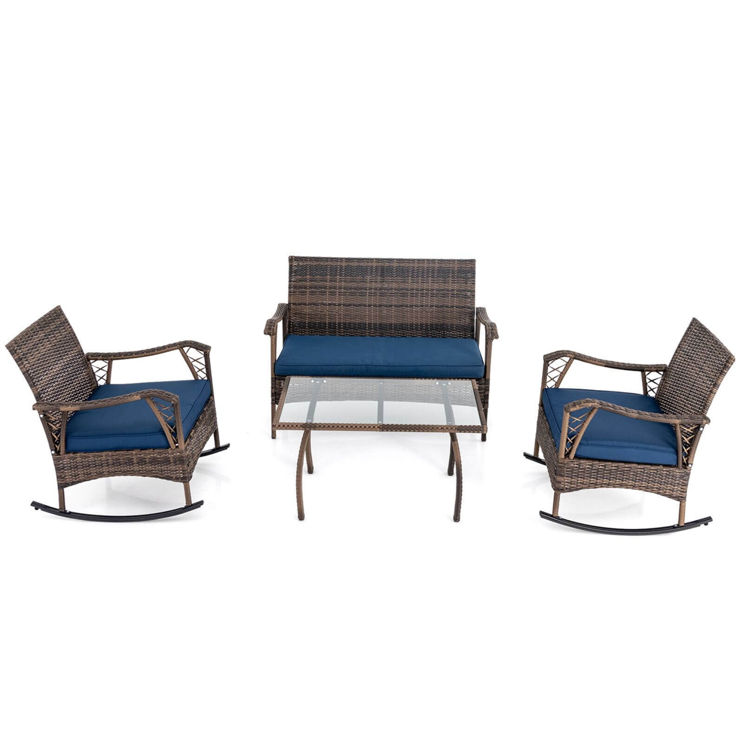 Costway 4 PCS Wicker Rocking Set with Loveseat & Coffee Table Heavy-Duty Metal Frame