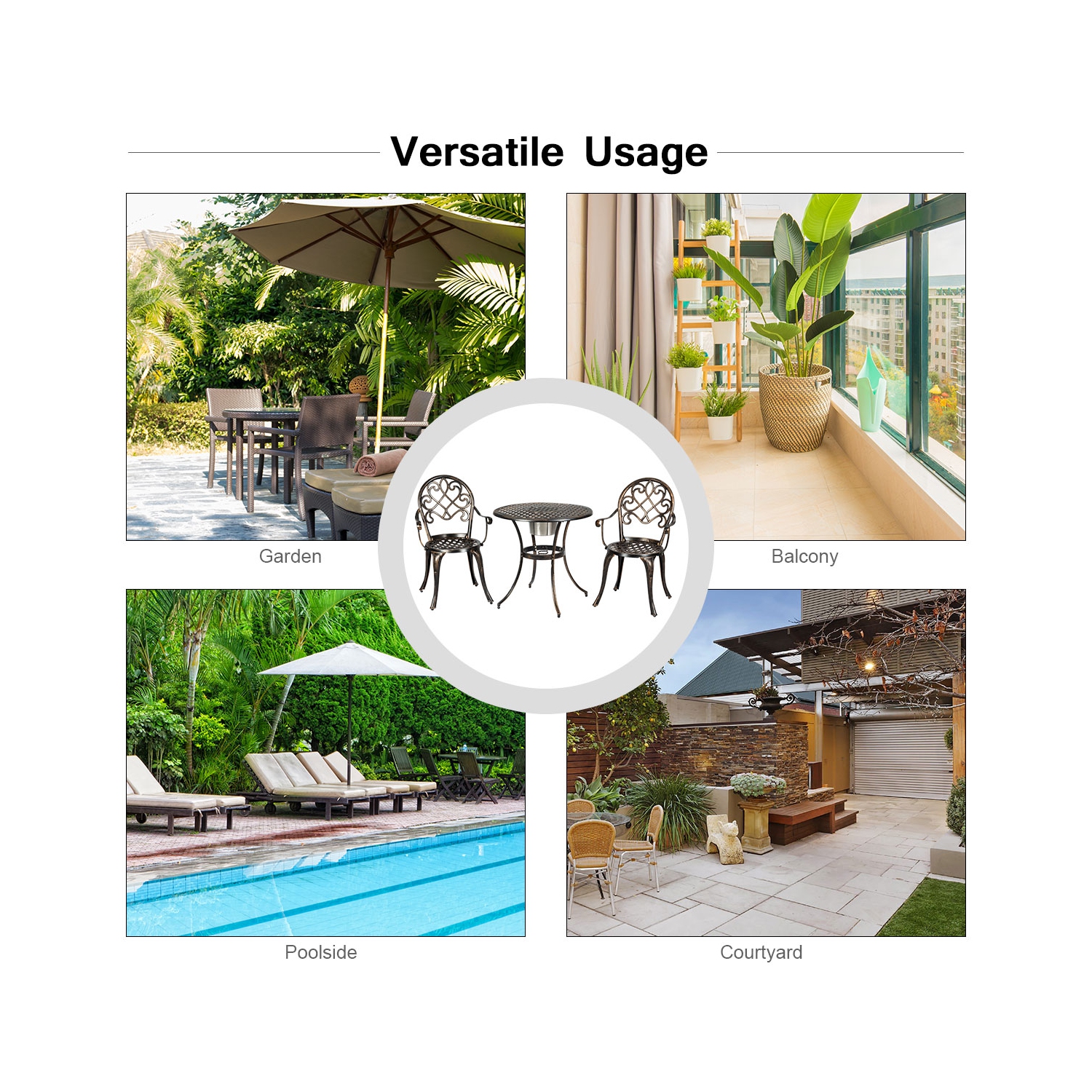 Ensemble patio extérieur en fonte d'aluminium de 3pcs pièces de Costway pour bistro attaché