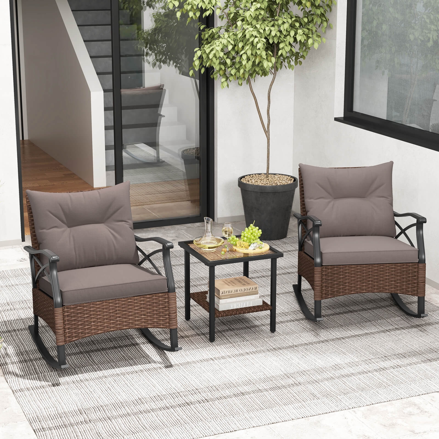 Costway 3 PCS Patio Rocker Set with 2-Tier Coffee Table & Soft Seat Back Cushions Outdoor
