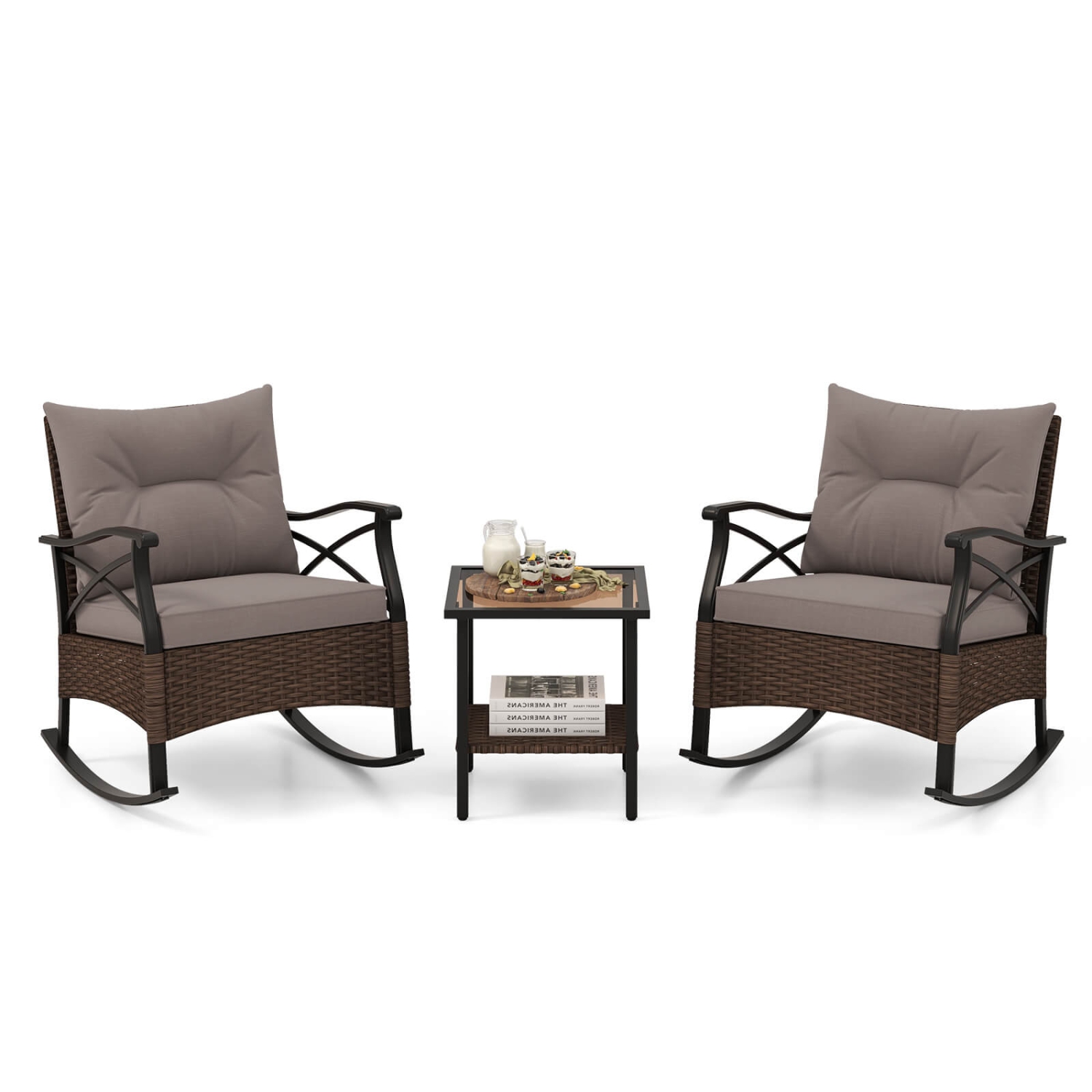 Costway 3 PCS Patio Rocker Set with 2-Tier Coffee Table & Soft Seat Back Cushions Outdoor