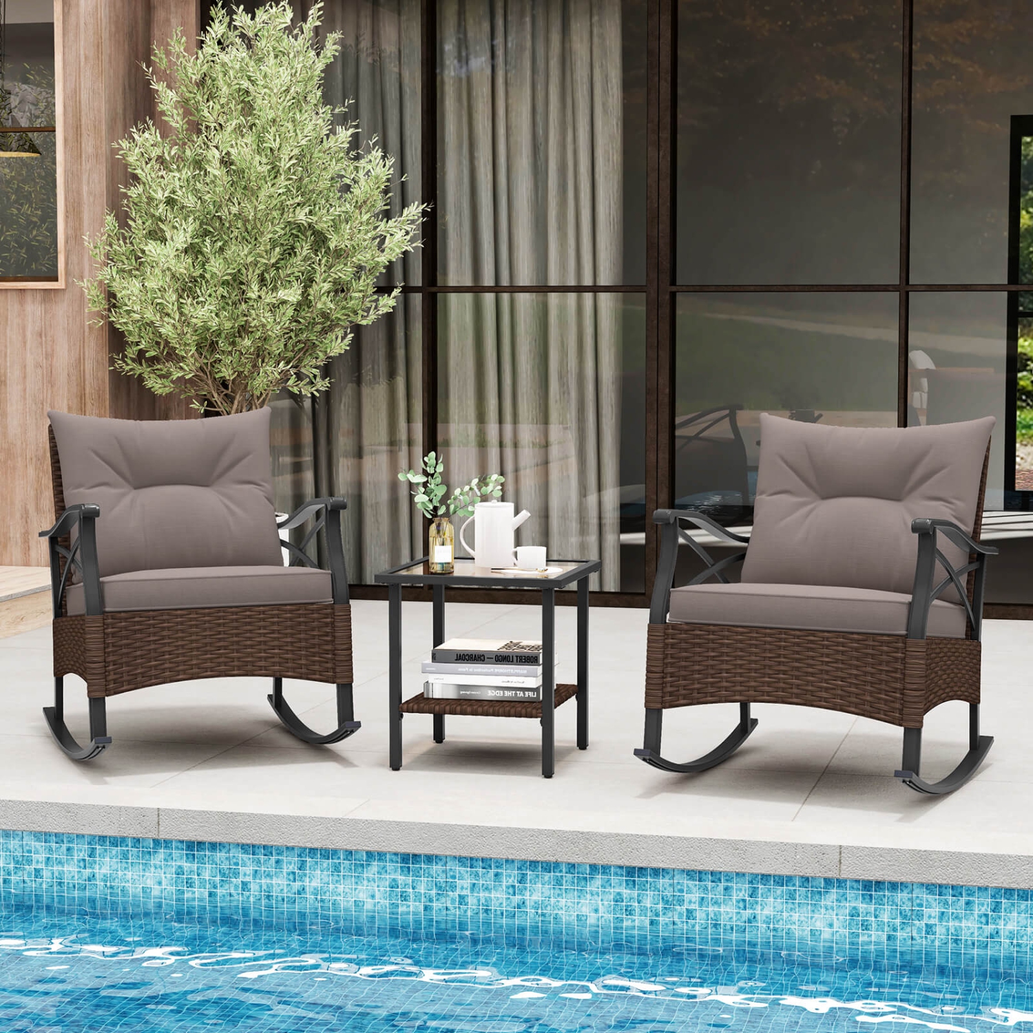 Costway 3 PCS Patio Rocker Set with 2-Tier Coffee Table & Soft Seat Back Cushions Outdoor