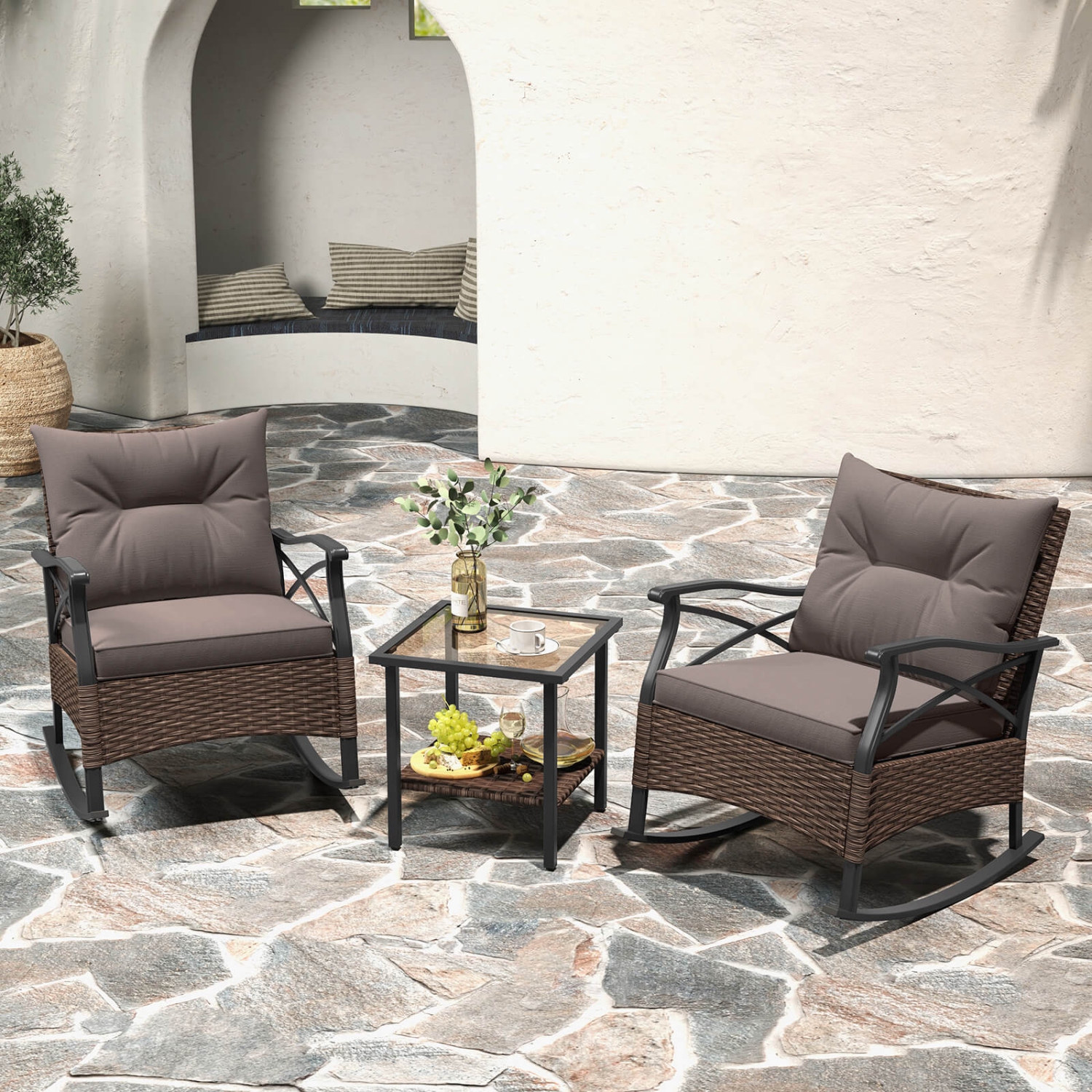 Costway 3 PCS Patio Rocker Set with 2-Tier Coffee Table & Soft Seat Back Cushions Outdoor
