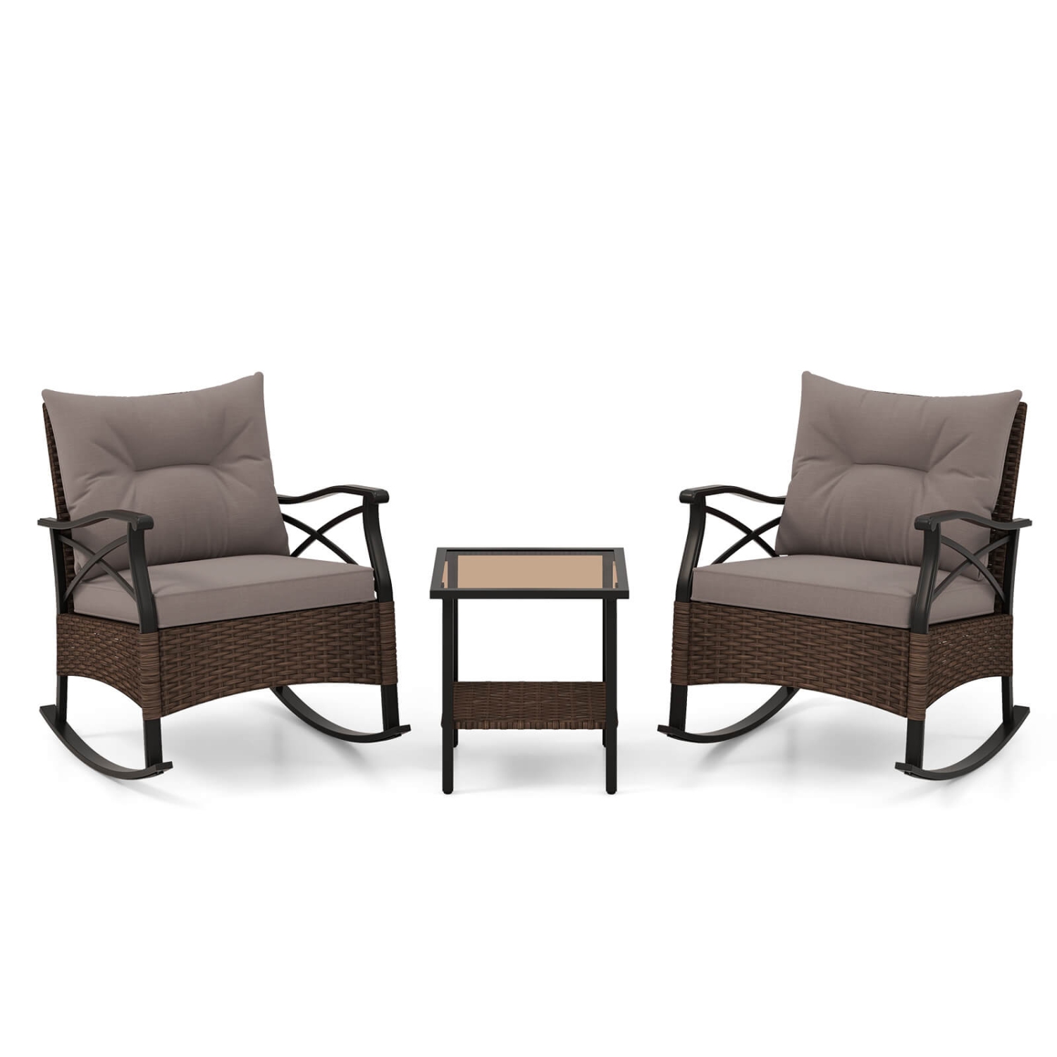 Costway 3 PCS Patio Rocker Set with 2-Tier Coffee Table & Soft Seat Back Cushions Outdoor