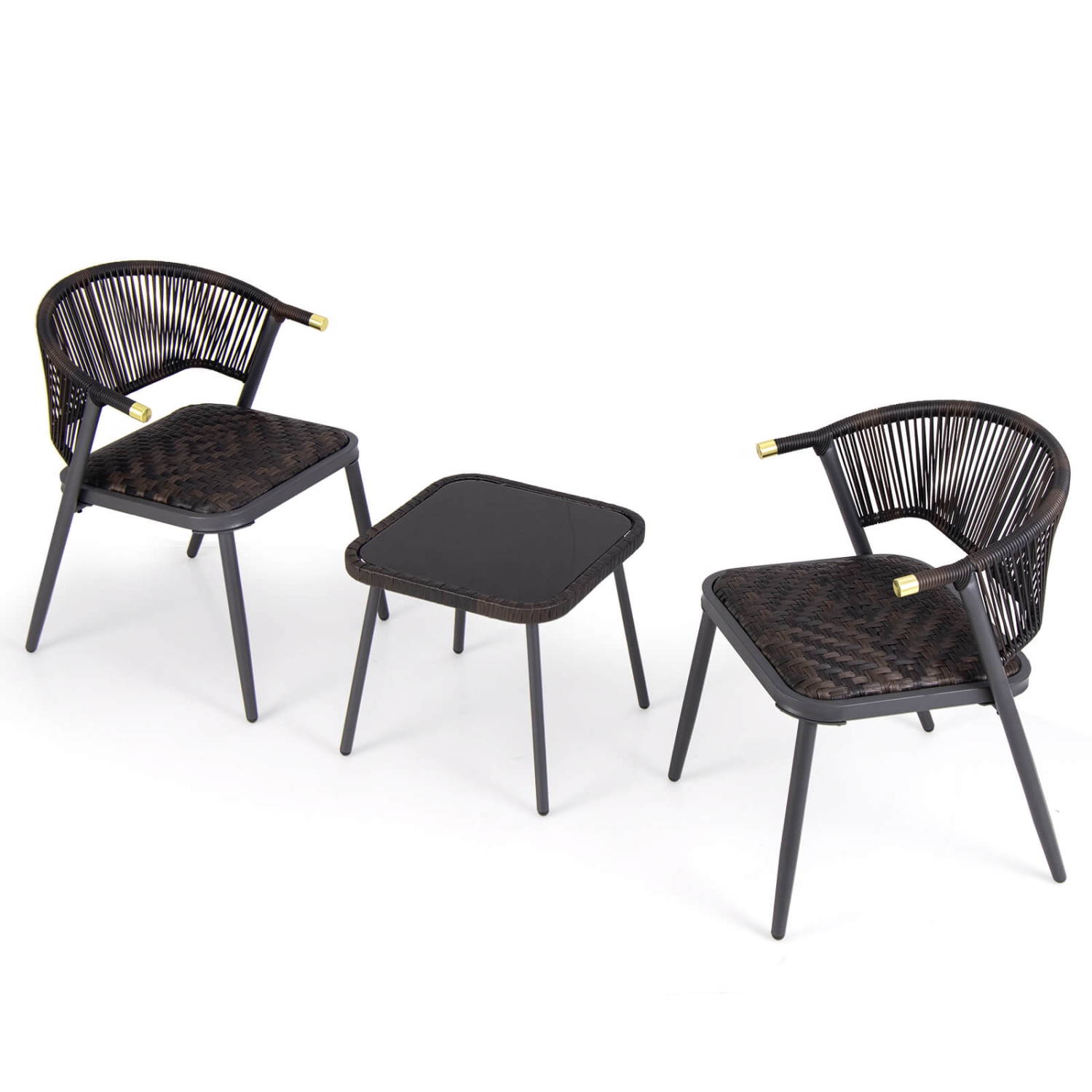 Costway 3 PCS Patio Rattan Furniture Set with Tempered Glass Tabletop Wicker Seat