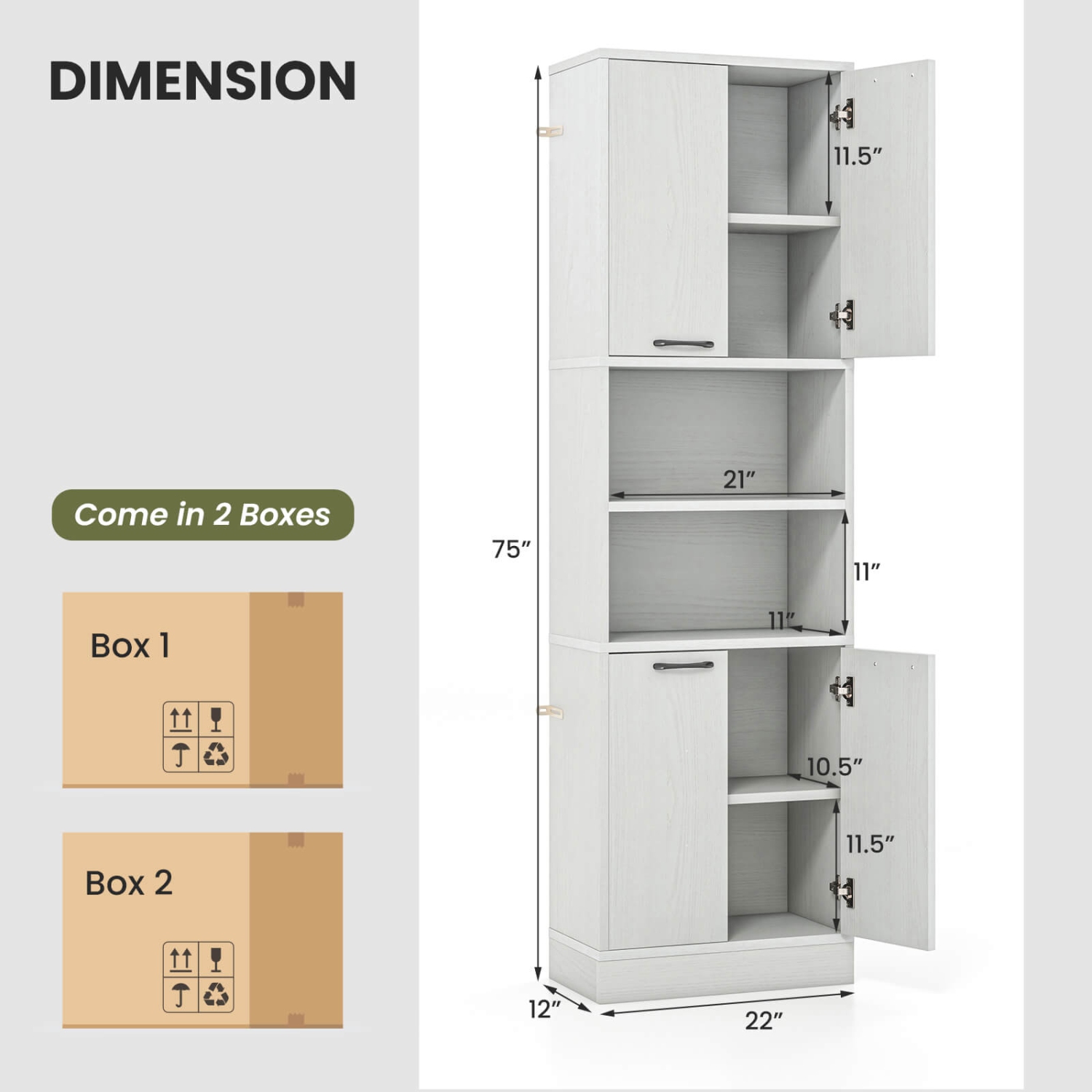 Costway 75" Tall Bathroom Storage Cabinet with 4 Doors & 2 Open Compartments Freestanding