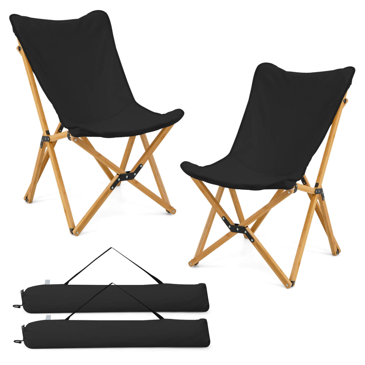 Costway Bamboo Butterfly Folding Chair Set of 2 with Storage Pocket 330 LBS Capacity