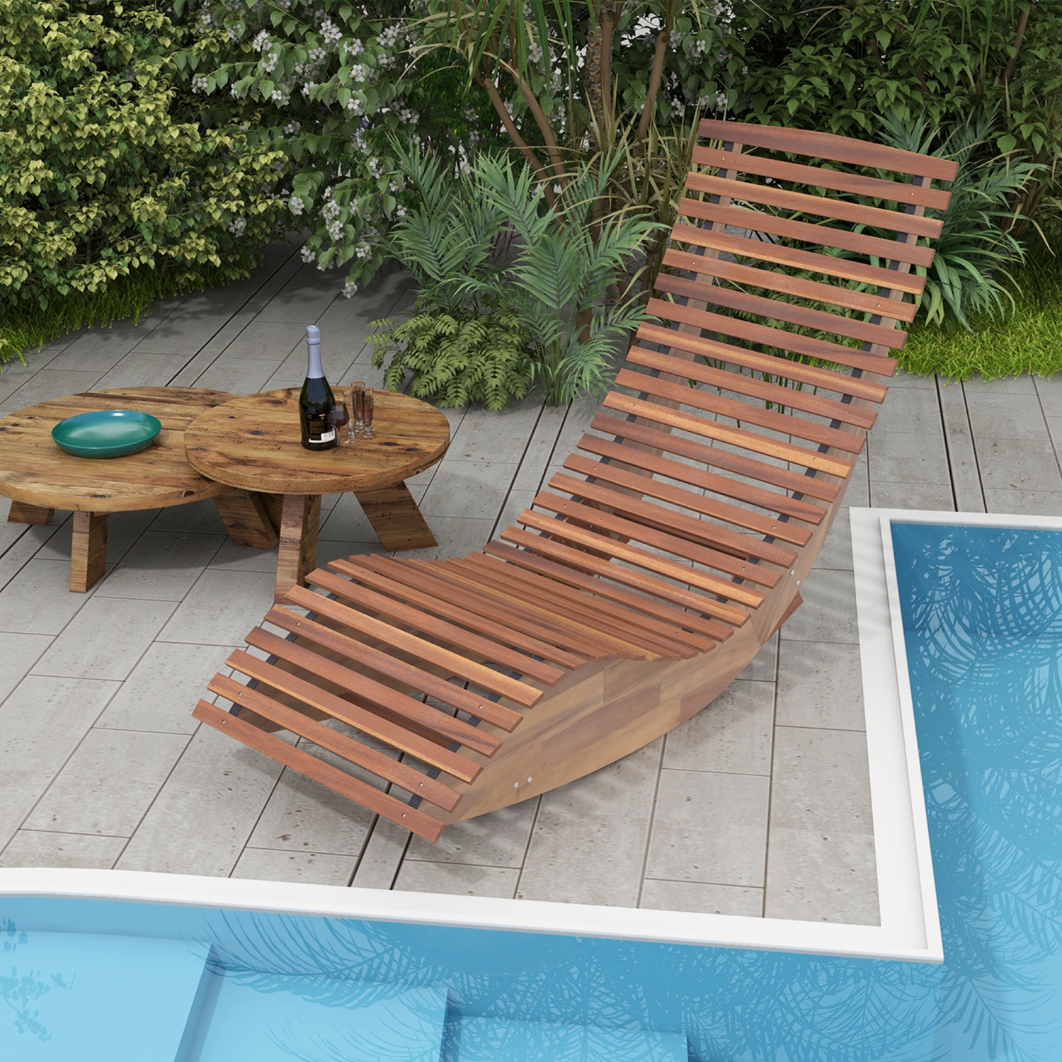 Chaise berçante d'extérieur en bois d'acacia avec siège à lattes élargi et dossier haut de Costway