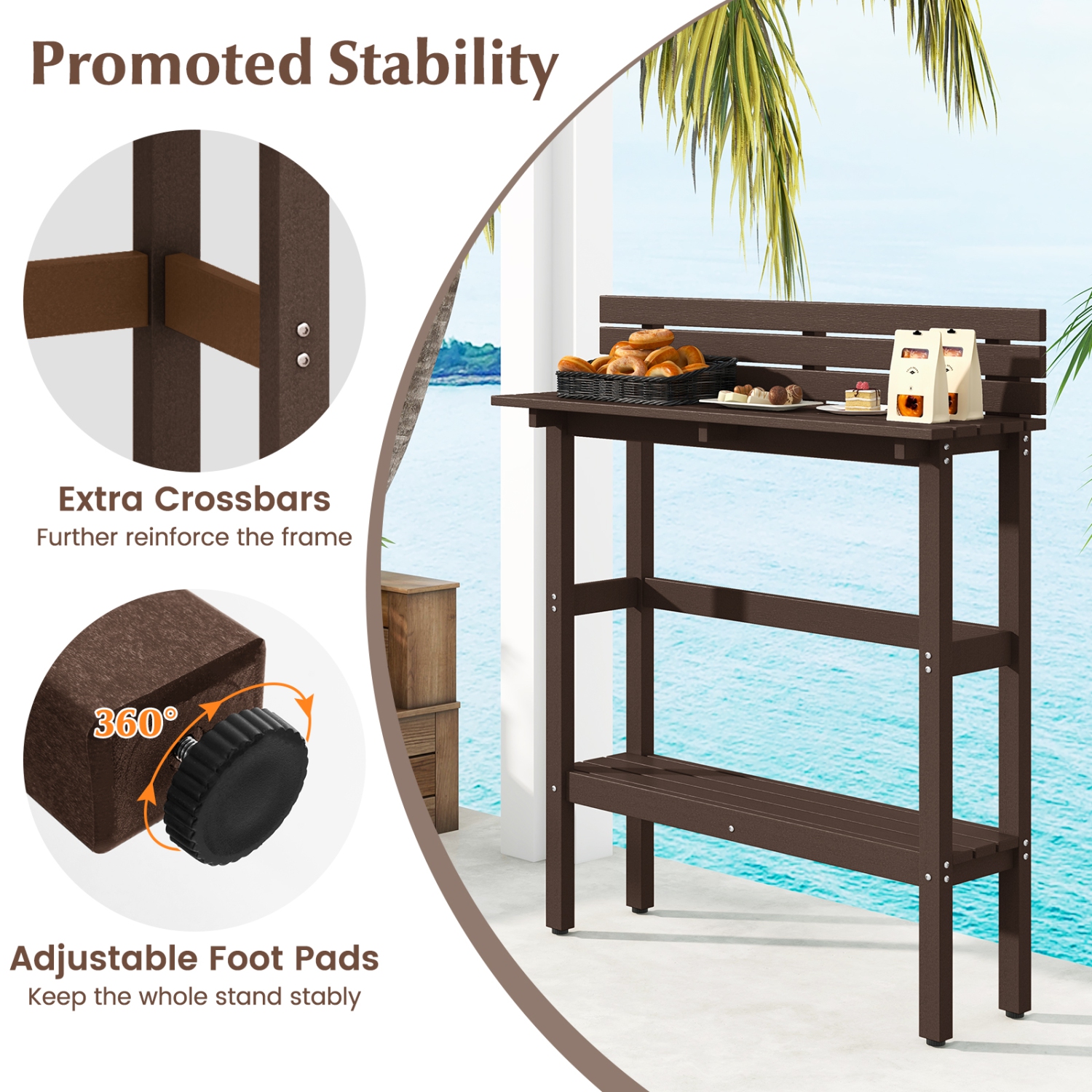 Costway 48" Outdoor Bar Table with Storage Shelf & Adjustable Foot Pads for Hot Tub