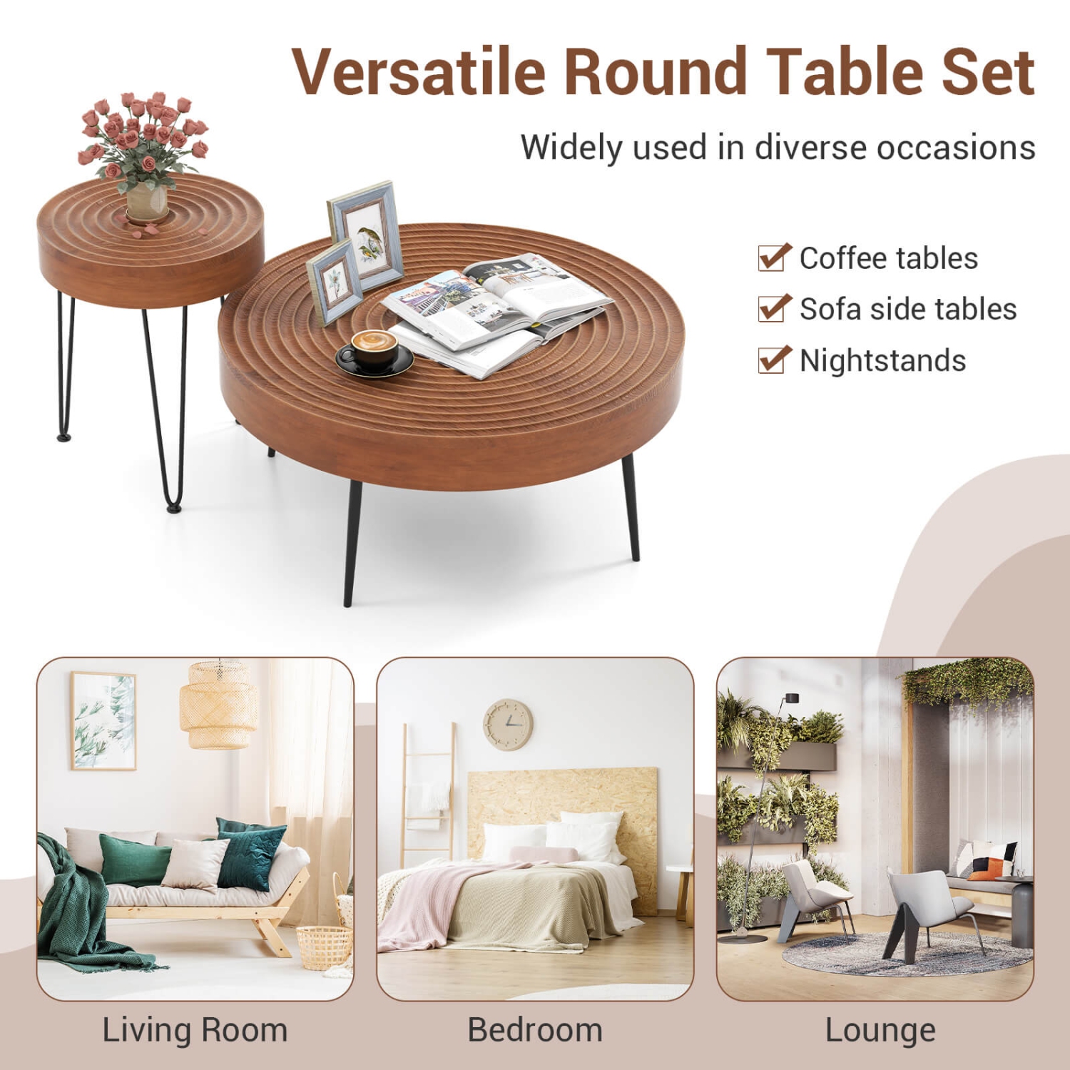 Ensemble de 2 tables d'extrémité rondes Farmhouse de Costway - fini naturel pour le salon