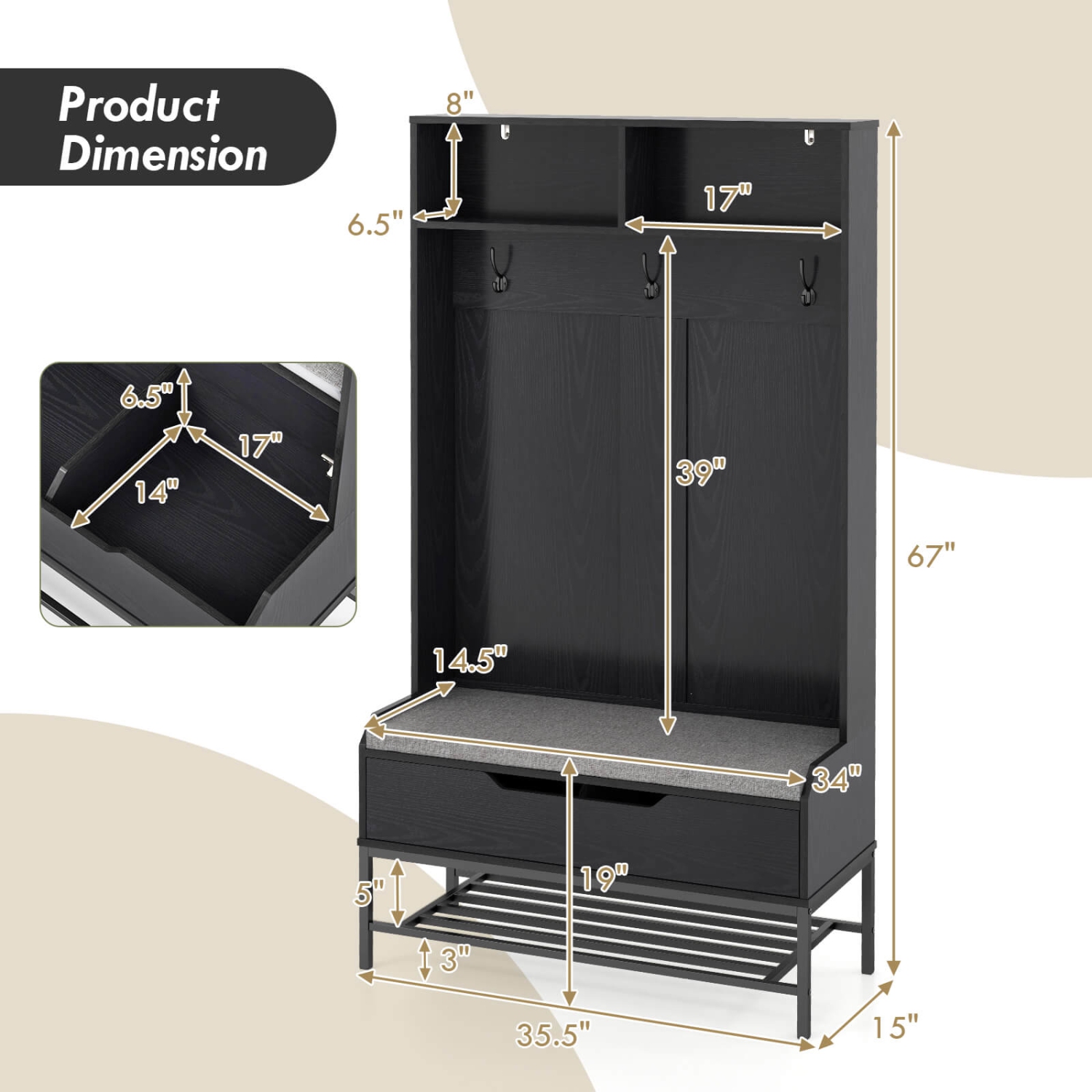 Portemanteau haut de 69 po avec compartiments ouverts avec coussin de siège crochets de rangement à dessus relevable de Costway